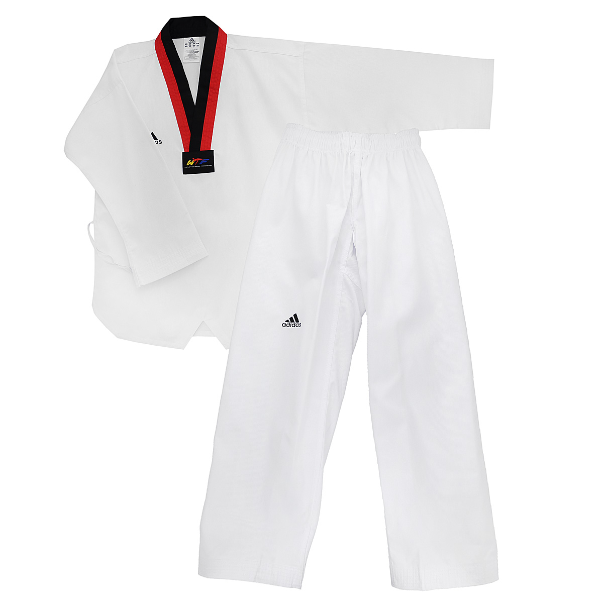 Кимоно для тхэквондо adidas Taekwondo Adi-Start, цвет: белый, черный, красный. adiTS01-WH/RD-BK. Размер 160adiTS01-WH/RD-BK Кимоно для тхэквондо adidas Taekwondo Adi-Start, цвет: белый, черный, красный. adiTS01-WH/RD-BK. Размер 160adiTS01-WH/RD-BKКимоно для тхэквондо adidas Taekwondo Adi-Start состоит из рубашки и брюк. Просторная рубашка без пояса с V-образным вырезом горловин, боковыми разрезами и длинными рукавами изготовлена из плотного полиэстера с добавлением хлопка. Боковые швы, края рукавов и полочка укреплены дополнительными строчками. В области талии по спинке рубашка дополнена эластичной резинкой для регулирования ширины.Просторные брюки особого покроя имеют широкий эластичный пояс, регулируемый скрытым шнурком. Низ брючин с внутренней стороны укреплен дополнительными строчками.Кимоно рекомендуется для тренировок в зале.