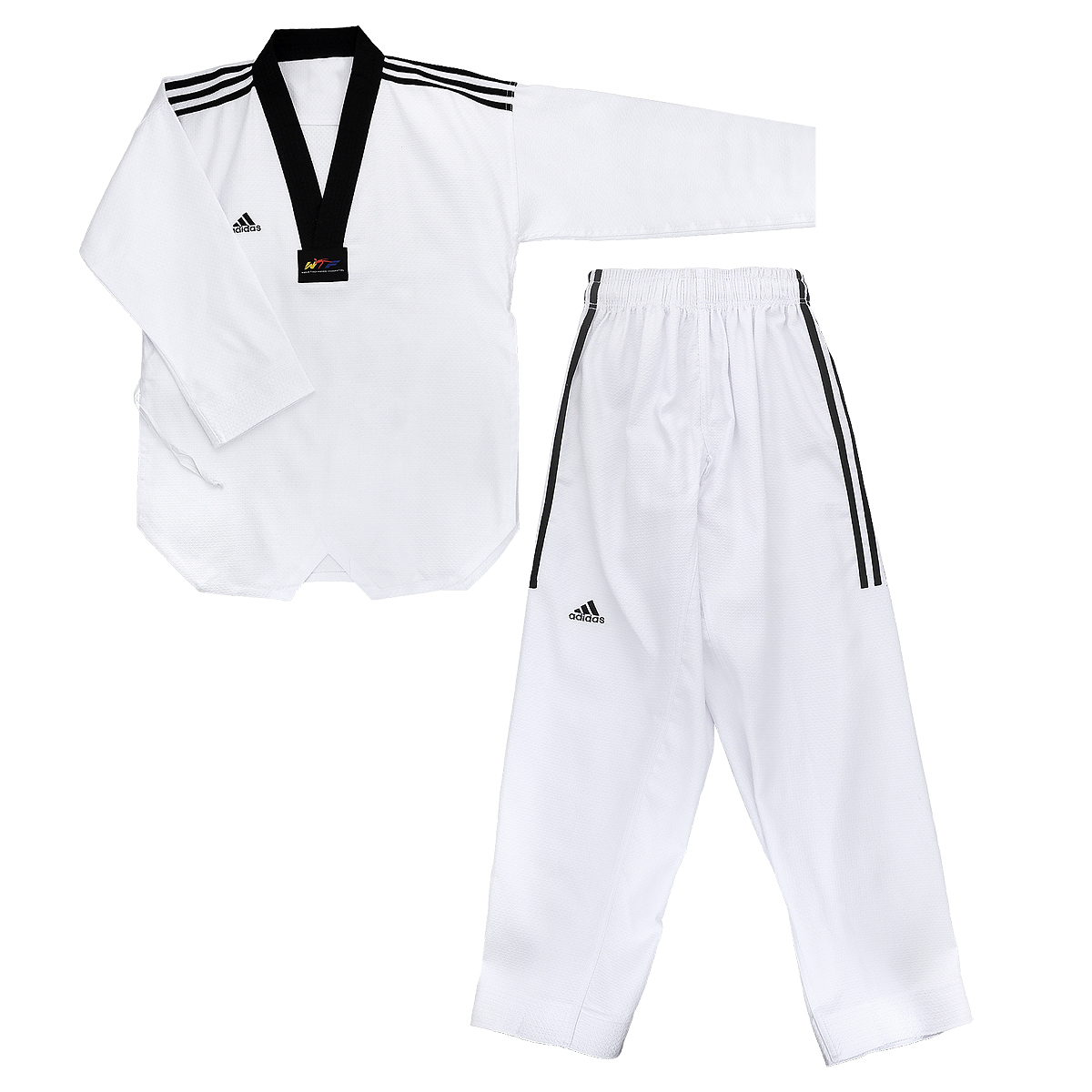 Кимоно для тхэквондо adidas Adi-GrandMaster 3, цвет: белый, черный. adiTGM01-WH/BK. Размер 160adiTGM01-WH/BK Кимоно для тхэквондо adidas Adi-GrandMaster 3, цвет: белый, черный. adiTGM01-WH/BK. Размер 160adiTGM01-WH/BKКимоно для тхэквондо adidas Adi-GrandMaster 3 состоит из рубашки и брюк. Просторная рубашка без пояса с V-образным вырезом горловин, боковыми разрезами и длинными рукавами изготовлена из плотного полиэстера с добавлением хлопка. Боковые швы, края рукавов и полочка укреплены дополнительными строчками. В области талии по спинке рубашка дополнена эластичной резинкой для регулирования ширины.Просторные брюки особого покроя имеют широкий эластичный пояс, регулируемый скрытым шнурком. Низ брючин с внутренней стороны укреплен дополнительными строчками.Кимоно рекомендуется для тренировок в зале.