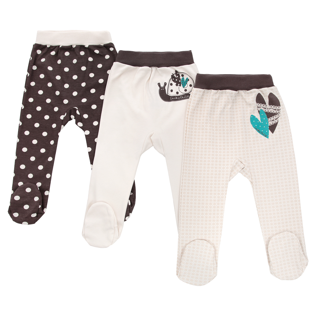 Ползунки Lucky Child Улитки, цвет: светло-бежевый, коричневый, 3 шт. 30-134. Размер 62/6830-134 Ползунки Lucky Child Улитки, цвет: светло-бежевый, коричневый, 3 шт. 30-134. Размер 62/6830-134Очаровательные ползунки Lucky Child Улитки идеально подойдут вашему ребенку. Изготовленные из натурального хлопка - интерлока, они необычайно мягкие и приятные на ощупь, не сковывают движения ребенка и позволяют коже дышать, не раздражают нежную кожу, обеспечивая наибольший комфорт. Ползунки на талии имеют широкую эластичную резинку, благодаря чему они не сдавливают живот ребенка и не сползают. В комплект входят трое ползунков: одни оформлены гороховым принтом, другие - принтом с изображением улитки и третьи - орнаментом, а также притом с изображением сердечек. Изделия украшены небольшой нашивкой с названием бренда.Ползунки идеально подходят для ношения с подгузником и без него. В таких ползунках ребенок будет чувствовать себя комфортно, уютно и всегда будет в центре внимания!