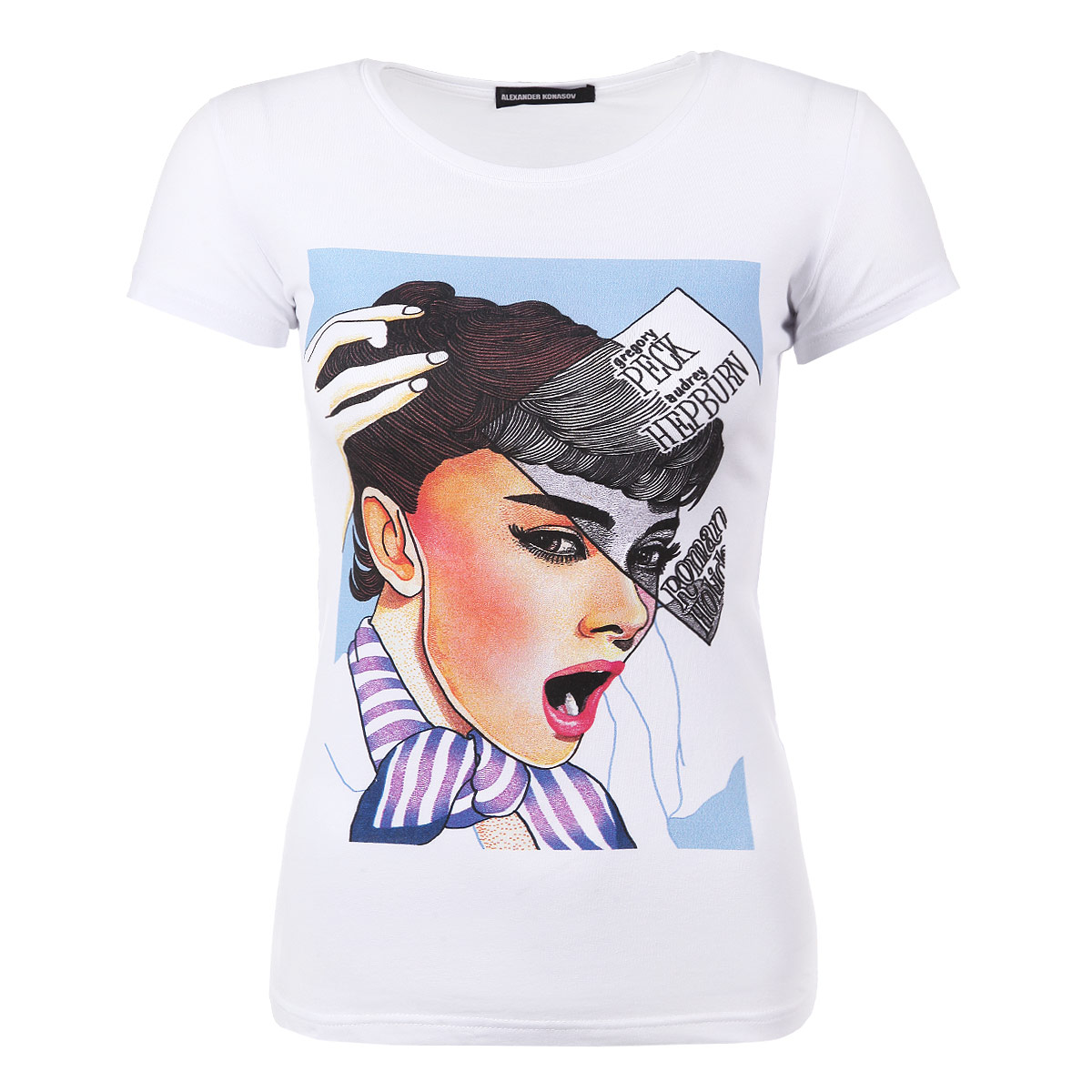 Футболка женская Alexander Konasov Audrey Hepburn Roman Holiday, цвет: белый. 10260010534. Размер M (44)Audrey Hepburn Roman Holiday Футболка женская Alexander Konasov Audrey Hepburn Roman Holiday, цвет: белый. 10260010534. Размер M (44)Audrey Hepburn Roman HolidayСтильная женская футболка Alexander Konasov, выполненная из высококачественного мягкого хлопка с небольшим добавлением лайкры, обладает высокой теплопроводностью, воздухопроницаемостью и гигроскопичностью, позволяет коже дышать. Модель с короткими рукавами и круглым вырезом горловины спереди оформлена принтом, изображающим афишу к фильму Римские каникулы с Одри Хепберн. Эта футболка - идеальный вариант для создания эффектного образа. Все изделия бренда Alexander Konasov кроятся только по лекалам из высококачественной ткани, идеально сидят на фигуре, после стирки не деформируются.