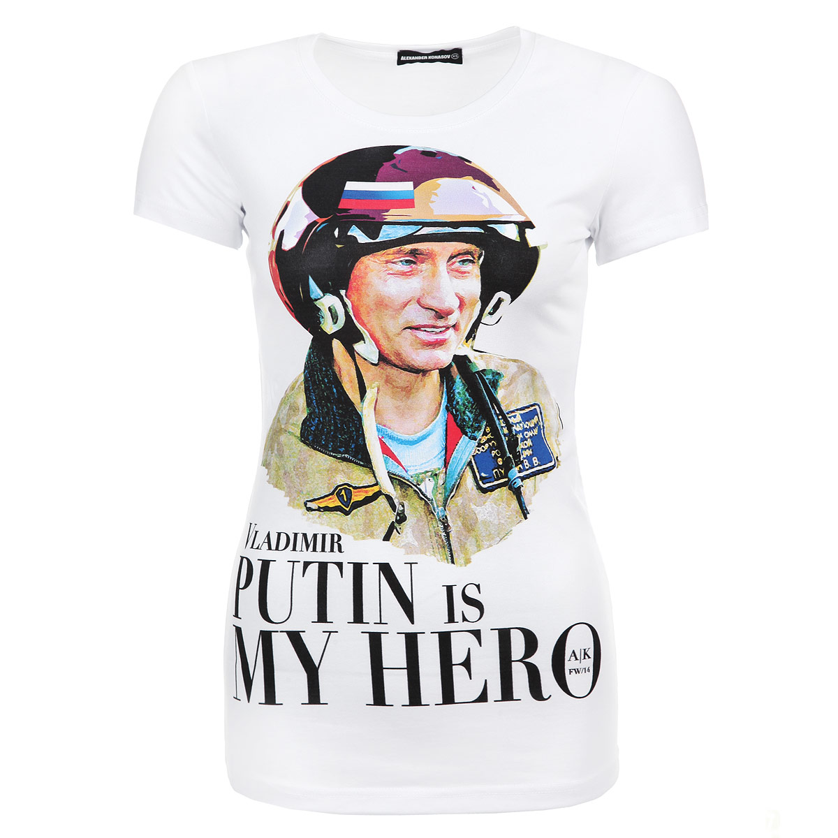 Футболка женская Alexander Konasov Vladimir Putin Is My Hero, цвет: белый. 10070011333. Размер S (42)Vladimir Putin Is My Hero Футболка женская Alexander Konasov Vladimir Putin Is My Hero, цвет: белый. 10070011333. Размер S (42)Vladimir Putin Is My HeroСтильная женская футболка Alexander Konasov, выполненная из высококачественного мягкого хлопка с небольшим добавлением лайкры, обладает высокой теплопроводностью, воздухопроницаемостью и гигроскопичностью, позволяет коже дышать. Модель с короткими рукавами и круглым вырезом горловины спереди оформлена принтом с изображением президента Путина в костюме пилота и надписью Vladimir Putin is my hero. Эта футболка - идеальный вариант для создания эффектного образа. Все изделия бренда Alexander Konasov кроятся только по лекалам из высококачественной ткани, идеально сидят на фигуре, после стирки не деформируются.