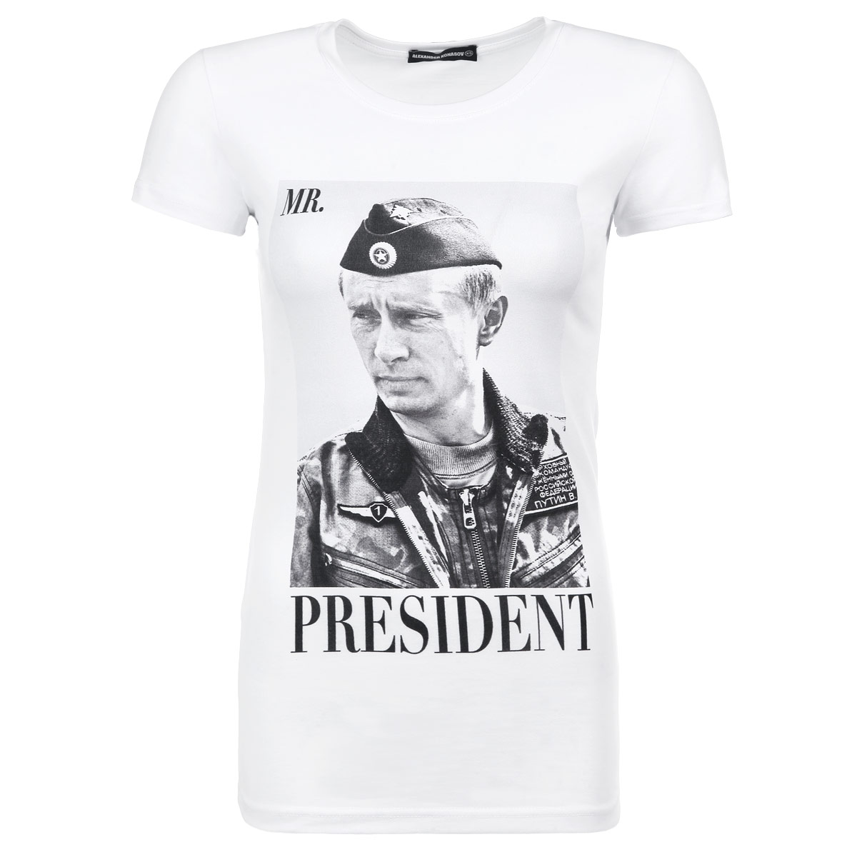 Футболка женская Alexander Konasov Mr. President, цвет: белый. 10070010586. Размер S (42)Mr. President Футболка женская Alexander Konasov Mr. President, цвет: белый. 10070010586. Размер S (42)Mr. PresidentСтильная женская футболка Alexander Konasov, выполненная из высококачественного мягкого хлопка с небольшим добавлением лайкры, обладает высокой теплопроводностью, воздухопроницаемостью и гигроскопичностью, позволяет коже дышать. Модель с короткими рукавами и круглым вырезом горловины спереди оформлена фотопринтом с черно-белым изображением Путина в пилотке и надписью Mr. President. Эта футболка - идеальный вариант для создания эффектного образа. Все изделия бренда Alexander Konasov кроятся только по лекалам из высококачественной ткани, идеально сидят на фигуре, после стирки не деформируются.