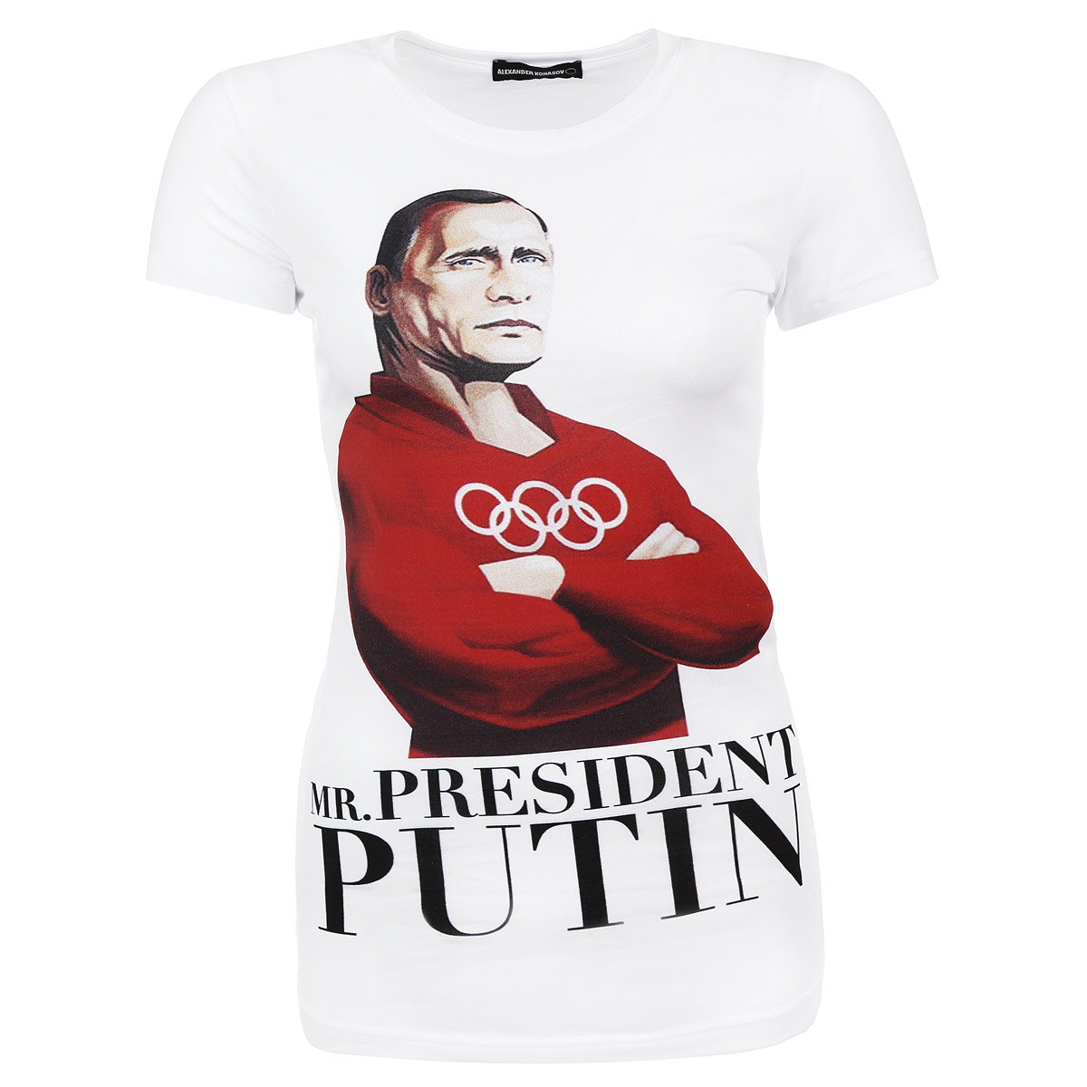 Футболка женская Alexander Konasov Mr. President Putin, цвет: белый. 10060010180. Размер XS (40)Mr. President Putin Футболка женская Alexander Konasov Mr. President Putin, цвет: белый. 10060010180. Размер XS (40)Mr. President PutinСтильная женская футболка Alexander Konasov, выполненная из высококачественного мягкого хлопка с небольшим добавлением лайкры, обладает высокой теплопроводностью, воздухопроницаемостью и гигроскопичностью, позволяет коже дышать. Модель с короткими рукавами и круглым вырезом горловины спереди оформлена принтом с изображением Путина и надписью Mr. President Putin. Эта футболка - идеальный вариант для создания эффектного образа. Все изделия бренда Alexander Konasov кроятся только по лекалам из высококачественной ткани, идеально сидят на фигуре, после стирки не деформируются.
