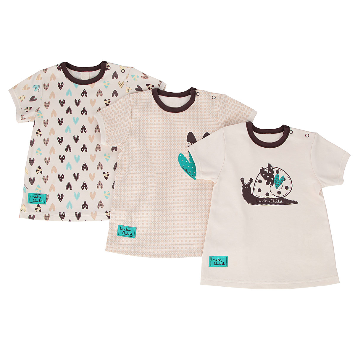 Футболка детская Lucky Child Улитки, цвет: ваниль, шоколад, 3 шт. 30-138. Размер 92/9830-138 Футболка детская Lucky Child Улитки, цвет: ваниль, шоколад, 3 шт. 30-138. Размер 92/9830-138Очаровательная детская футболка Lucky Child Котики идеально подойдет вашему ребенку. Изготовленная из натурального хлопка - интерлока, она необычайно мягкая и приятная на ощупь, не сковывает движения и позволяет коже дышать, не раздражает даже самую нежную и чувствительную кожу ребенка, обеспечивая ему наибольший комфорт. Футболка с круглым вырезом горловины имеет удобные застежки-кнопки по плечу, что помогает с легкостью переодеть ребенка.В комплект входят три футболки: одна оформлена принтом с изображением сердечек по всей поверхности, вторая - орнаментом и принтом с крупным изображением сердечек, а третья - принтом с изображением улички. Низ рукавов и горловина дополнены трикотажной бейкой. В таких футболках ваш ребенок будет чувствовать себя комфортно, уютно и всегда будет в центре внимания!
