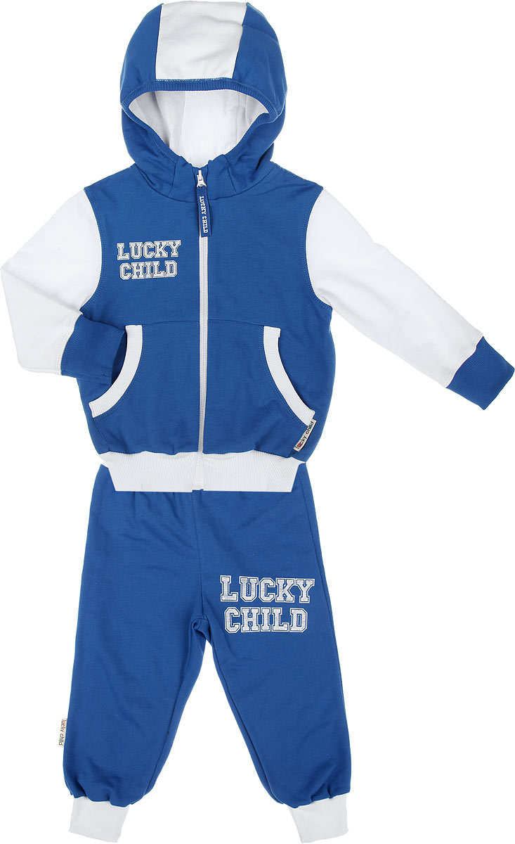 Спортивный костюм детский Lucky Child, цвет: синий, белый. 8-4. Размер 128/134, 8-9 лет8-4 Спортивный костюм детский Lucky Child, цвет: синий, белый. 8-4. Размер 128/134, 8-9 лет8-4Утепленный спортивный костюм Lucky Child, состоящий из толстовки и брюк, идеально подойдет вашему ребенку и станет отличным дополнением к его гардеробу. Изготовленный из натурального хлопка, он очень мягкий и приятный на ощупь, не сковывает движения и позволяет коже дышать, не раздражает даже самую нежную и чувствительную кожу ребенка, обеспечивая наибольший комфорт. Лицевая сторона изделия гладкая, изнаночная - с теплым мягким начесом. Толстовка с капюшоном и длинными рукавами застегивается на пластиковую застежку-молнию. Капюшон с подкладкой контрастного цвета по краю дополнен трикотажной резинкой. Спереди предусмотрены два накладных кармашка. Понизу модель дополнена широкой трикотажной резинкой, а на рукавах имеются манжеты, не стягивающие запястья.Спортивные брюки на широком эластичном на поясе не сдавливают животик ребенка и не сползают. Снизу брючин предусмотрены широкие манжеты. Модель оформлена принтовыми надписями с названием бренда.В таком костюме ваш ребенок будет чувствовать себя комфортно, уютно и всегда будет в центре внимания.