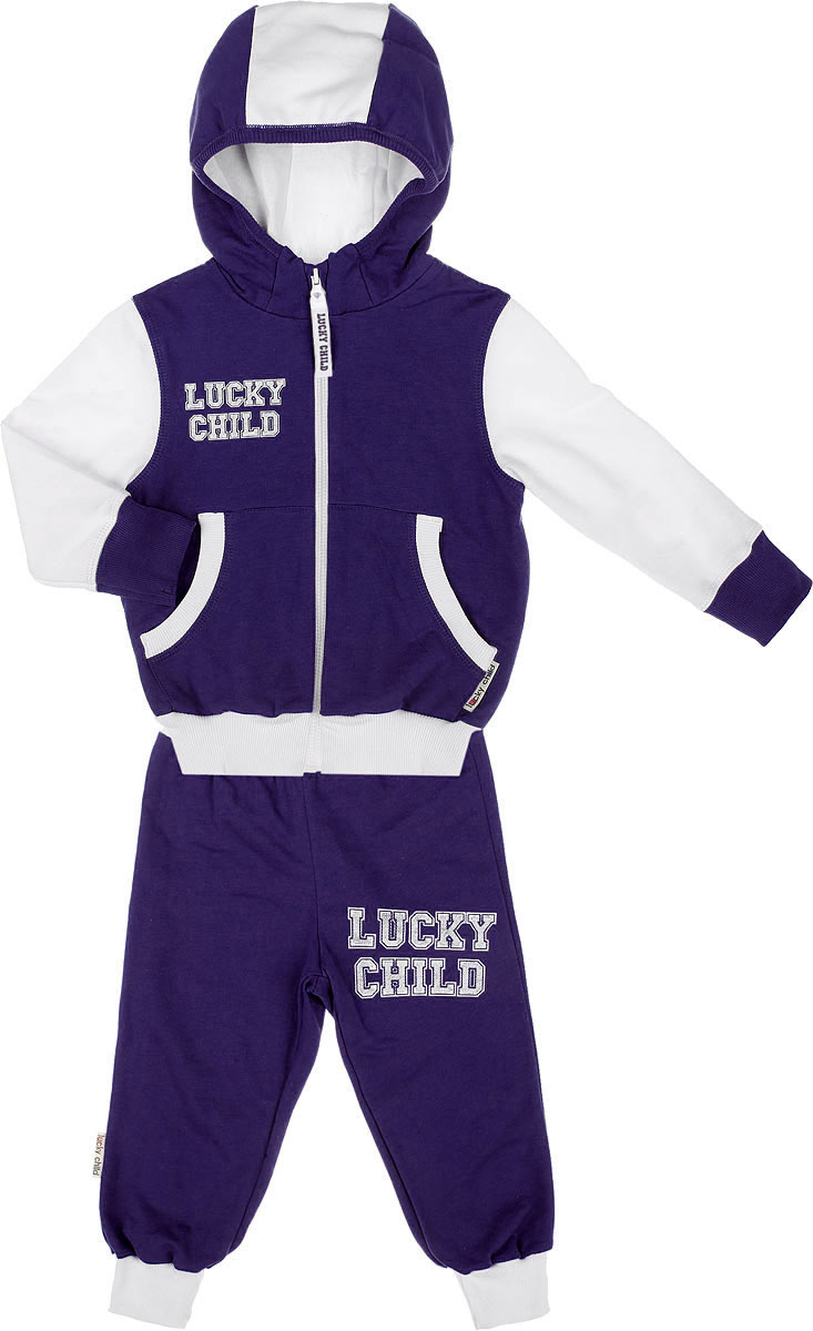 Спортивный костюм детский Lucky Child, цвет: фиолетовый, белый. 8-4. Размер 74/80, 6-9 месяцев8-4 Спортивный костюм детский Lucky Child, цвет: фиолетовый, белый. 8-4. Размер 74/80, 6-9 месяцев8-4Утепленный спортивный костюм Lucky Child, состоящий из толстовки и брюк, идеально подойдет вашему ребенку и станет отличным дополнением к его гардеробу. Изготовленный из натурального хлопка, он очень мягкий и приятный на ощупь, не сковывает движения и позволяет коже дышать, не раздражает даже самую нежную и чувствительную кожу ребенка, обеспечивая наибольший комфорт. Лицевая сторона изделия гладкая, изнаночная - с теплым мягким начесом. Толстовка с капюшоном и длинными рукавами застегивается на пластиковую застежку-молнию. Капюшон с подкладкой контрастного цвета по краю дополнен трикотажной резинкой. Спереди предусмотрены два накладных кармашка. Понизу модель дополнена широкой трикотажной резинкой, а на рукавах имеются манжеты, не стягивающие запястья.Спортивные брюки на широком эластичном на поясе не сдавливают животик ребенка и не сползают. Снизу брючин предусмотрены широкие манжеты. Модель оформлена принтовыми надписями с названием бренда.В таком костюме ваш ребенок будет чувствовать себя комфортно, уютно и всегда будет в центре внимания.