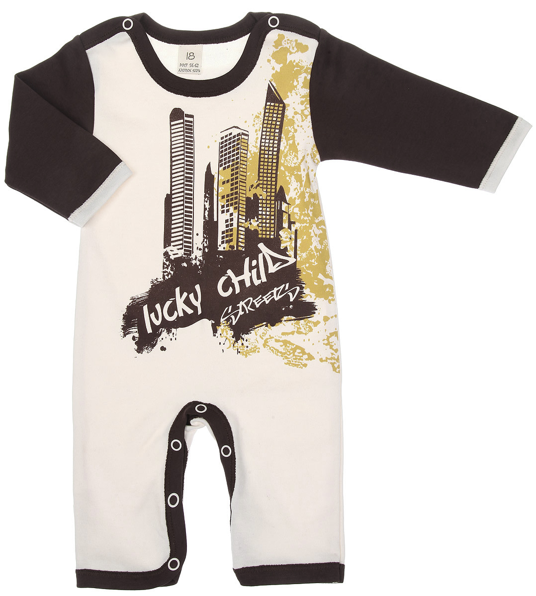 Комбинезон для мальчика Lucky Child, цвет: экрю, коричневый. 16-21. Размер 56/6216-21 Комбинезон для мальчика Lucky Child, цвет: экрю, коричневый. 16-21. Размер 56/6216-21Комбинезон для мальчика Lucky Child - очень удобный и практичный вид одежды для малышей. Комбинезон выполнен из натурального хлопка - интерлока, благодаря чему он необычайно мягкий и приятный на ощупь, не раздражает нежную кожу ребенка и хорошо вентилируется, а плоские швы приятны телу ребенка и не препятствуют его движениям.Комбинезон с длинными рукавами, круглым вырезом горловины и открытыми ножками имеет застежки-кнопки на плечах, что помогает с легкостью переодеть ребенка. Также имеются застежки-кнопки на ластовице, что помогает с легкостью сменить подгузник. Оформлено изделие принтом с изображением города и названием бренда. С таким комбинезоном спинка и ножки вашего ребенка всегда будут в тепле, он идеален для использования днем и незаменим ночью. Комбинезон полностью соответствует особенностям жизни младенца в ранний период, не стесняя и не ограничивая его в движениях!
