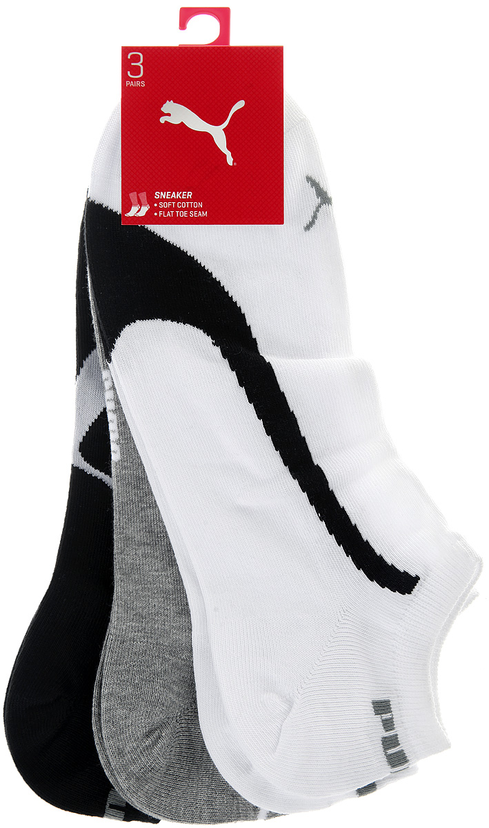 Носки Puma Lifestyle Sneakers 3P, цвет: белый, серый, черный, 3 пары. 88641201. Размер 43/4688641201 Носки Puma Lifestyle Sneakers 3P, цвет: белый, серый, черный, 3 пары. 88641201. Размер 43/4688641201Укороченные носки Puma Lifestyle Sneakers 3P, изготовленные из высококачественного трикотажа, подходят как для занятий спортом, так и для повседневного ношения. Удобная резинка не сдавливает и комфортно облегает ногу. Воздухопроницаемость и вентиляция за счет тонких сетчатых зон. Плоский шов в зоне большого пальца для предотвращения давления и натирания. Вывод влаги для сухости и комфорта стопы. Легкость. Оформлены носки оригинальным рисунком.Идеальное сочетание практичности, легкости и комфорта.В комплект входят три пары носков.