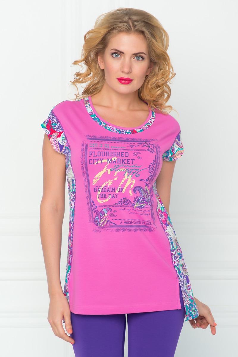 Туника BeGood, цвет: фиолетовый, розовый. SS16-BGUZ-493. Размер 46SS16-BGUZ-493 Туника BeGood, цвет: фиолетовый, розовый. SS16-BGUZ-493. Размер 46SS16-BGUZ-493Женская туника BeGood, выполненная из эластичного хлопка, прекрасно подойдет для повседневной носки. Материал очень приятный на ощупь, не сковывает движения и хорошо вентилируется.Туника с круглым вырезом горловины и короткими рукавами по спинке удлинена. Снизу по бокам модель дополнена небольшими разрезами.Такая туника будет дарить вам комфорт в течение всего дня и станет отличным дополнением к вашему гардеробу!