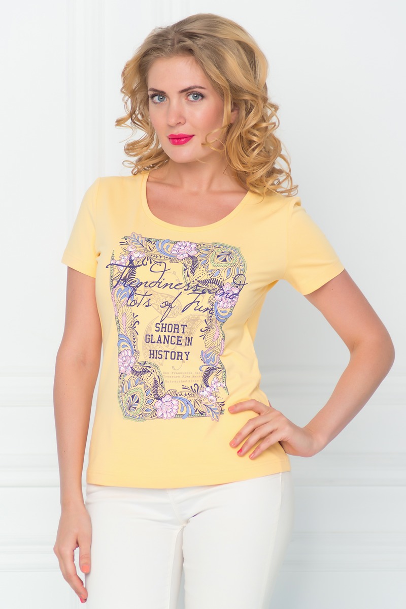 Футболка женская BeGood, цвет: желтый. SS16-BGUZ-547. Размер 50SS16-BGUZ-547 Футболка женская BeGood, цвет: желтый. SS16-BGUZ-547. Размер 50SS16-BGUZ-547Стильная женская футболка BeGood изготовлена из эластичного хлопка.Приталенная модель с круглым вырезом горловины и короткими рукавами на груди оформлена оригинальным принтом и декорирована стразами.