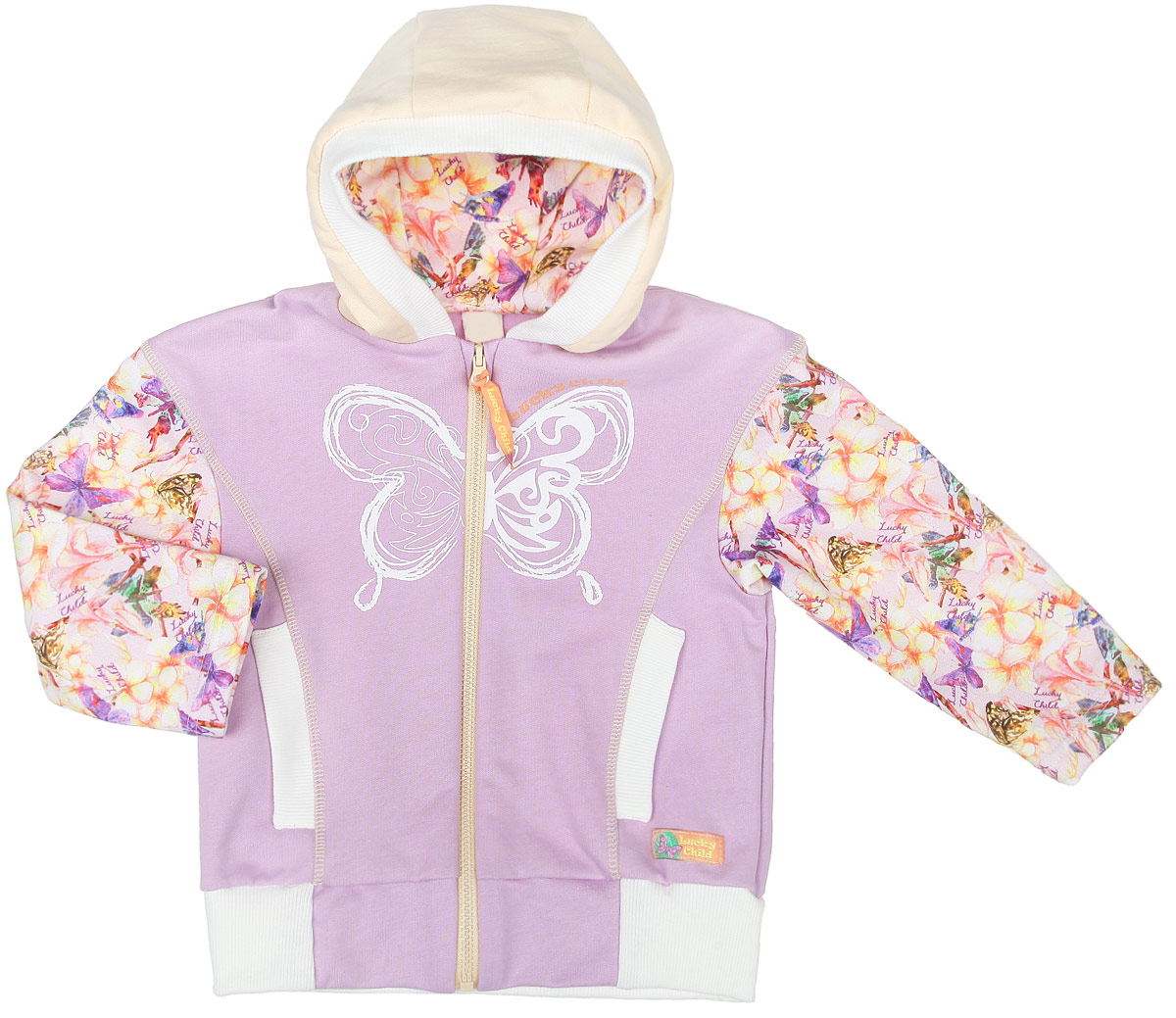 Кофточка для девочки Lucky Child Тропический рай, цвет: дынный, сиреневый. 26-17ф. Размер 80/86, 12-18 месяцев26-17ф Кофточка для девочки Lucky Child Тропический рай, цвет: дынный, сиреневый. 26-17ф. Размер 80/86, 12-18 месяцев26-17фКофточка для девочки Lucky Child Тропический рай, изготовленная из натурального хлопка, станет отличным дополнением к детскому гардеробу. Изделие очень мягкое, не сковывает движения и хорошо вентилируется, обеспечивая комфорт. Изнаночная сторона имеет приятный к телу начес. Кофточка с несъемным капюшоном и длинными рукавами застегивается на молнию. Край капюшона и частично низ изделия дополнены контрастными трикотажными резинками. Спереди имеется имитация двух втачных карманов. Рукава и подкладка капюшона оформлены оригинальным принтом. Спереди изделие декорировано термоаппликацией в виде бабочки и надписью Lucky Child. Кофточка полностью соответствует особенностям жизни младенца в ранний период, не стесняя и не ограничивая его в движениях. В ней ваша маленькая принцесса всегда будет в центре внимания!