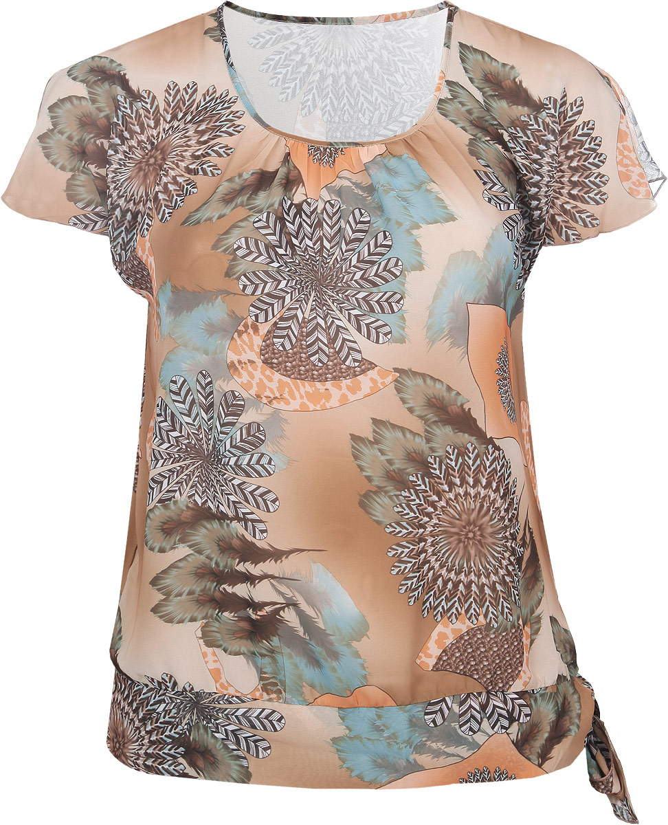 Блузка женская Milana Style, цвет: коричневый, оранжевый, бирюзовый. 737м. Размер L (48)737м Блузка женская Milana Style, цвет: коричневый, оранжевый, бирюзовый. 737м. Размер L (48)737мБлузка Milana Style, выполненная из полупрозрачной ткани, прекрасно дополнит ваш образ. Материал изделия легкий, мягкий и приятный на ощупь, не сковывает движения и хорошо вентилируется, обеспечивая комфорт. Блузка с круглым вырезом горловины и короткими рукавами имеет завязки сбоку. На рукавах предусмотрены разрезы. У выреза горловины модель присборена на небольшие складочки. Изделие оформлено оригинальным принтом по всей поверхности.Такая блузка займет достойное место в вашем гардеробе!
