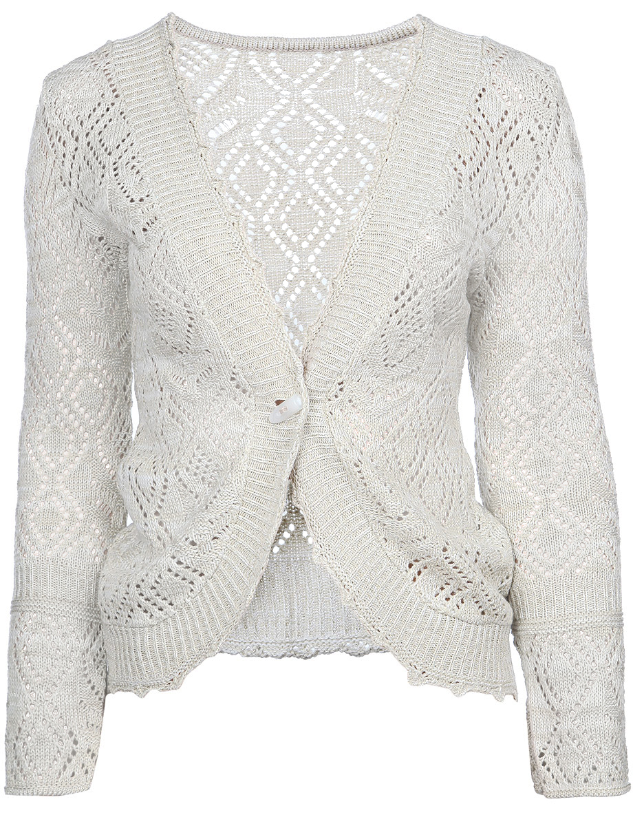 Жакет женский Milana Style, цвет: бежевый, золотистый. 1006. Размер M (46)1006 Жакет женский Milana Style, цвет: бежевый, золотистый. 1006. Размер M (46)1006Женский жакет Milana Style позволит вам создать неповторимый и запоминающийся образ. Благодаря своему составу, в который входит ПАН, вискоза и хлопок, изделие мягкое, тактильно приятное, обладает высокими дышащими свойствами. Модель с V-образным вырезом горловины и длинными рукавами застегивается на крупную пуговицу. Изделие оформлено вязаным ажурным рисунком, украшено блестящей металлизированной нитью по всей поверхности. Такая модель будет дарить вам комфорт в течение всего дня и послужит замечательным дополнением к вашему гардеробу.