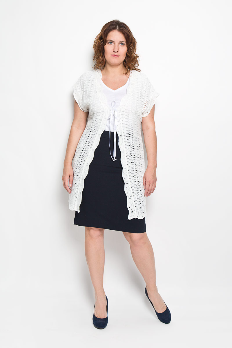 Жилет женский Milana Style, цвет: белый. 1326. Размер 5XL (58)1326 Жилет женский Milana Style, цвет: белый. 1326. Размер 5XL (58)1326Женский вязаный жилет Milana Style идеально дополнит ваш образ в прохладную погоду. Благодаря составу, в который входит шерсть и ПАН, изделие теплое, приятное на ощупь, не сковывает движений, обеспечивая комфорт. Жилет с V-образным вырезом горловины и короткими рукавами-кимоно спереди завязывается на ленточки. Модель украшена вязаным узором.Такой жилет будет дарить вам комфорт и послужит замечательным дополнением к вашему гардеробу.