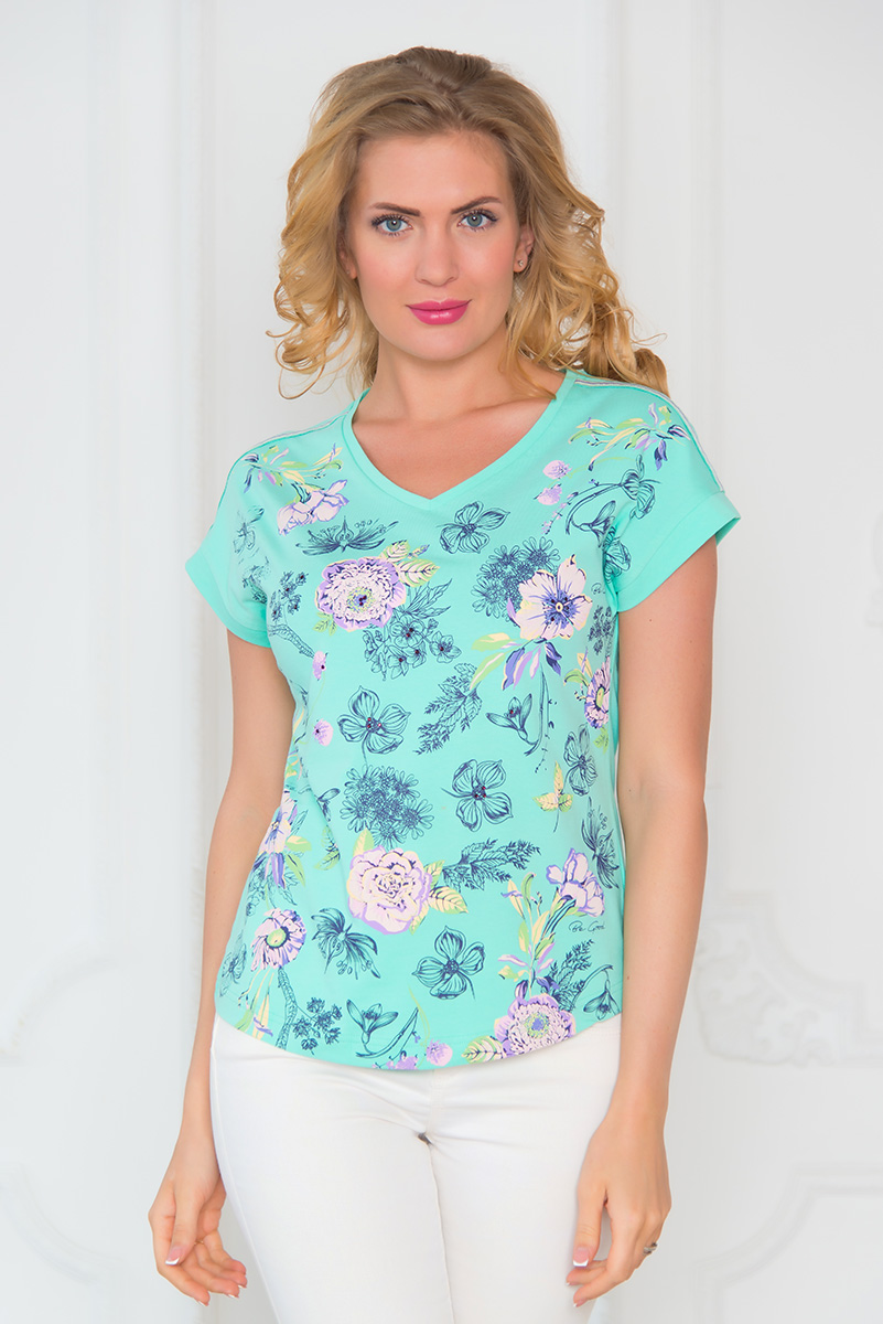 Футболка женская BeGood, цвет: мятный. SS16-BGUZ-543. Размер 42SS16-BGUZ-543 Футболка женская BeGood, цвет: мятный. SS16-BGUZ-543. Размер 42SS16-BGUZ-543Стильная женская футболка BeGood изготовлена из эластичного хлопка.Приталенная модель с V-образным вырезом горловины и короткими цельнокроенными рукавами оформлена цветочным принтом и декорирована стразами.