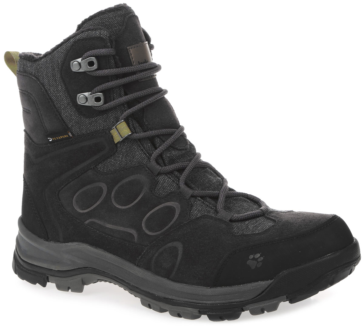 Ботинки трекинговые мужские Jack Wolfskin Thunder Bay Texapore High M, цвет: темно-серый. 4020491-6350080. Размер 10 (43)4020491-6350080 Ботинки трекинговые мужские Jack Wolfskin Thunder Bay Texapore High M, цвет: темно-серый. 4020491-6350080. Размер 10 (43)4020491-6350080Зимние ботинки Thunder Bay Texapore Hig М с теплой флисовой подкладкой с высоким уровнем тепла и комфорта, и водостойкой, дышащей мембраной, сохранят ваши ноги сухими и теплыми во время активных прогулок на природе. Голенище из замши и дышащей ткани надежно фиксирует щиколотку. Стабильная и устойчивая к скольжению туристическая подошва Wolf Snow с гибким носком и зимним профилем добавляет практичности и обеспечивает сцепление с поверхностью на снегу, льду или слякоти. Стильные и удобные ботинки обеспечат комфорт во время прогулок при температуре до -20 °C.