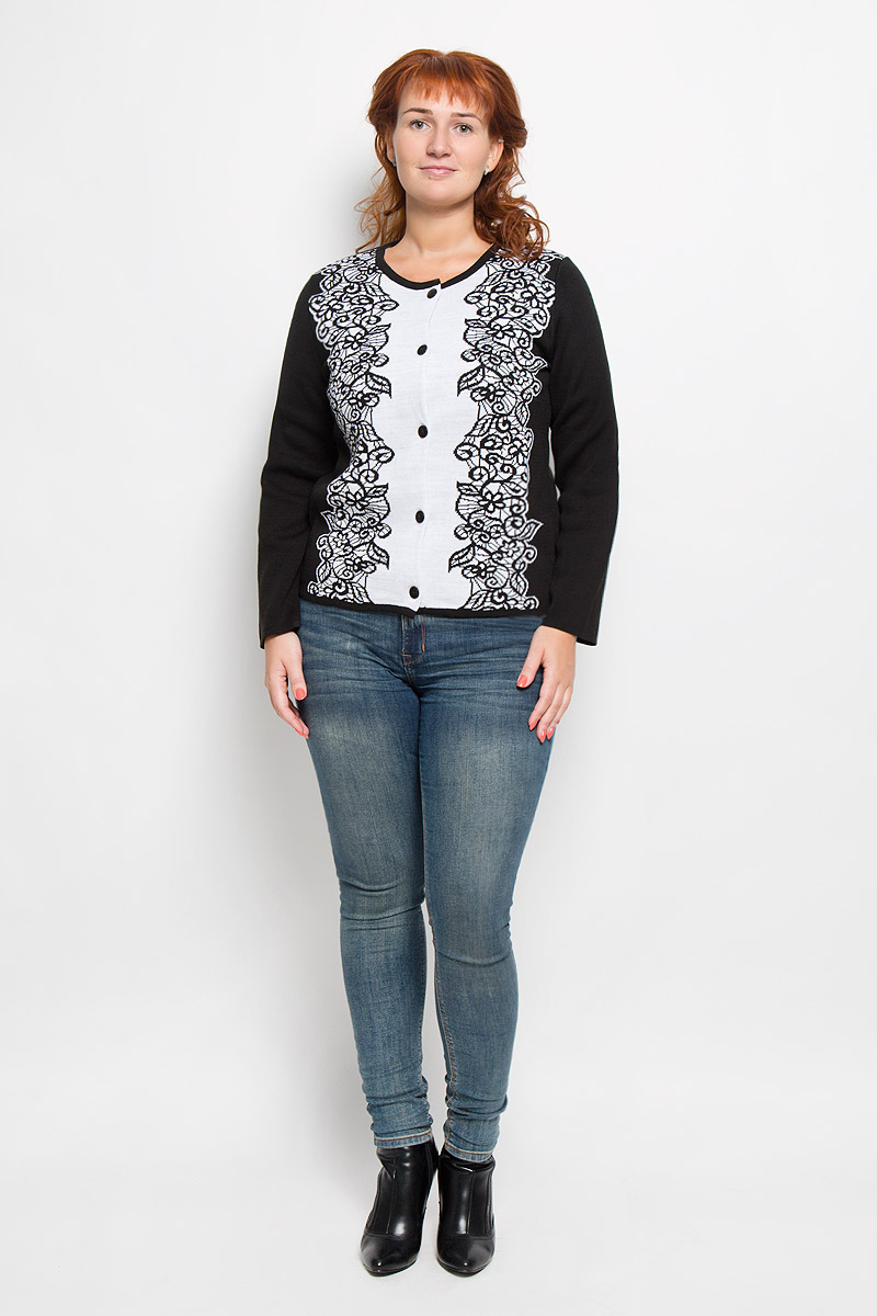 Кофта женская Milana Style, цвет: черный, белый. 34396. Размер M (46)34396 Кофта женская Milana Style, цвет: черный, белый. 34396. Размер M (46)34396Женская кофта Milana Style, выполненная из ПАН с добавлением шерсти, подчеркнет ваш уникальный стиль и поможет создать оригинальный образ. Такой материал великолепно пропускает воздух, обеспечивая необходимую вентиляцию, приятен к телу и превосходно тянется, обеспечивая комфортную посадку по фигуре. Кофта с длинными рукавами и круглым вырезом горловины застегивается на пуговицы спереди. Модель оформлена оригинальным контрастным орнаментом. Такая кофта будет дарить вам комфорт в течение всего дня и послужит замечательным дополнением к вашему гардеробу.