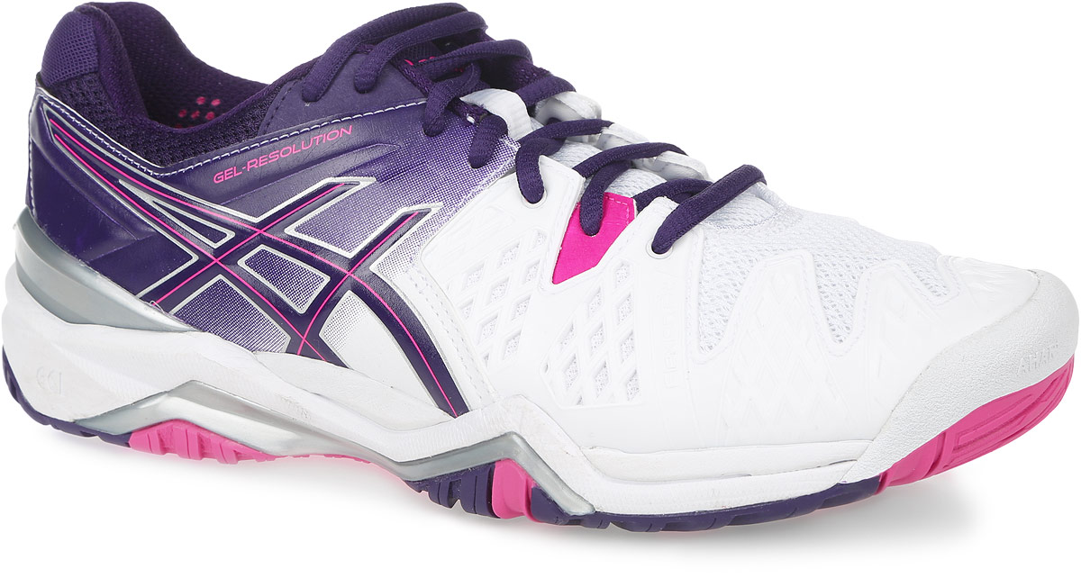 Кроссовки для тенниса женские Asics Gel-Resolution 6, цвет: белый, фиолетовый, розовый. E550Y-0133. Размер 7 (36,5)E550Y-0133 Кроссовки для тенниса женские Asics Gel-Resolution 6, цвет: белый, фиолетовый, розовый. E550Y-0133. Размер 7 (36,5)E550Y-0133Стильные женские кроссовки Gel-Resolution 6 от Asics придутся по душе поклонницам тенниса. Верх модели, выполненный из синтетической кожи и дышащего текстиля, дополнен прорезиненными вставками. Конструкция Flexion Fit обеспечивает комфорт и идеальную посадку обуви на ноге. Дышащий материал обеспечивает легкость, комфорт и воздухопроницаемость. Классическая шнуровка надежно фиксирует модель на стопе. Подкладка, изготовленная из текстиля, гарантирует уют и предотвращает натирание. Съемная стелька из материала ЭВА с текстильной поверхностью обеспечивает комфорт. Колодка California предназначена для стабильности и комфорта. Пластиковый литой элемент Trusstic в средней части подошвы препятствует скручиванию стопы. Рифление на подошве гарантирует отличное сцепление с любой поверхностью.