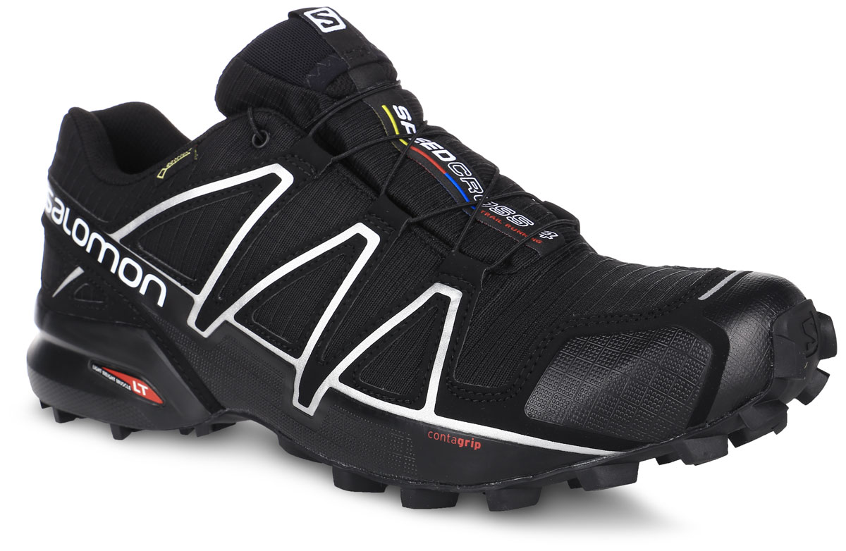 Кроссовки для бега мужские Salomon Speedcross 4 GTX, цвет: черный. L38318100. Размер 10,5 (44)L38318100 Кроссовки для бега мужские Salomon Speedcross 4 GTX, цвет: черный. L38318100. Размер 10,5 (44)L38318100Беговые мужские кроссовки от Salomon Speedcross 4 GTX выполнены на 64,3% из синтетического материала и на 35,7% из текстиля. Конструкция верха Sensifit с пропиткой Mudguard не пропускает грязь и воду. Подъем оформлен шнуровкой с фиксатором, благодаря которой обувь сидит плотно на ноге, и дополнен кармашком для шнурков. Стелька Ortholite из ЭВА материала с текстильным верхним покрытием создает более прохладное и сухое пространство под стопой. Мягкая верхняя часть и подкладка, изготовленная из текстиля, обеспечивают дополнительный комфорт и предотвращают натирание. Язычок дополнен текстильной нашивкой с символикой бренда. Светоотражающие элементы обеспечат лучшую видимость в темное время суток. Подошва Contagrip не оставляет следов и обеспечивает отличное сцепление со скользкой поверхностью. Такие кроссовки займут достойное место в коллекции вашей спортивной обуви.