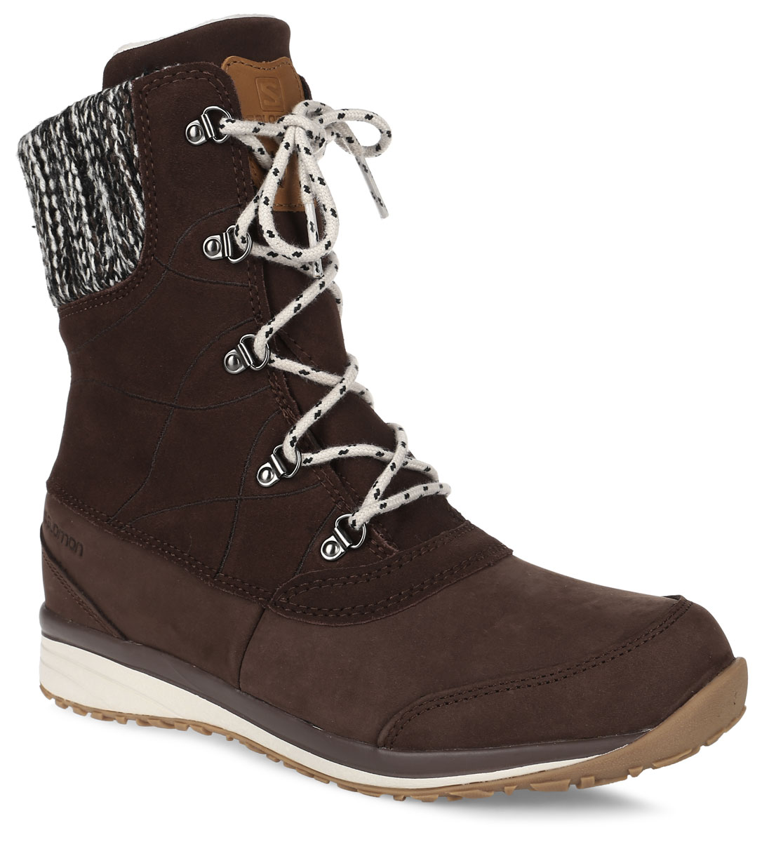 Ботинки женские трекинговые Salomon Hime Mid LTR, цвет: коричневый. L37650100. Размер 5,5 (37)L37650100 Ботинки женские трекинговые Salomon Hime Mid LTR, цвет: коричневый. L37650100. Размер 5,5 (37)L37650100Стильные утепленные ботинки Salomon Hime Mid LTR выполнены из натуральной кожи. Язычок оформлен кожаной нашивкой с тиснением в виде названия и логотипа бренда. Верх модели дополнен шерстяной кромкой. Технология ClimaShield - идеальный баланс защиты от влаги и вентиляции, нужная бегунам защита в сочетании с низким весом, способностью дышать и быстро сохнуть. Классическая шнуровка позволяет оптимально зафиксировать модель на ноге. Эргономичная стелька с прослойкой ЭВА для амортизации и комфорта. Промежуточная подошва EVA обеспечивает дополнительную амортизацию. Не оставляющая следов подошва Winter Contagrip обеспечивает оптимальное сцепление на разных поверхностях и состоит из идеального сочетания специальных резин Ice Grip.В таких ботинках вашим ногам будет комфортно и уютно.
