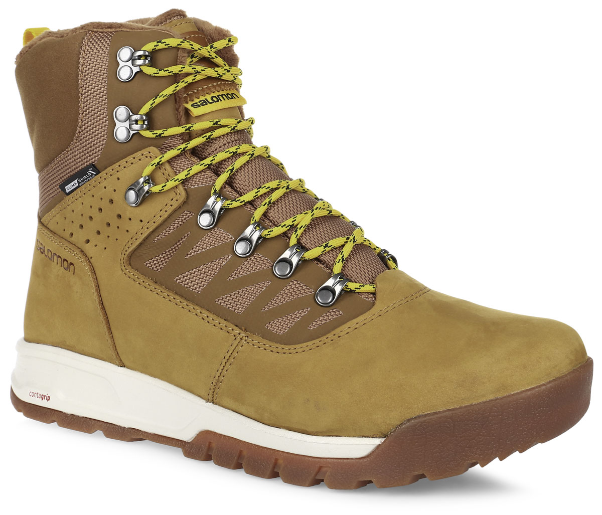 Ботинки трекинговые мужские Salomon Utility PRO TS, цвет: горчичный. L37263200. Размер 9 (42)L37263200 Ботинки трекинговые мужские Salomon Utility PRO TS, цвет: горчичный. L37263200. Размер 9 (42)L37263200Теплые мужские ботинки Salomon Utility PRO TS сочетают в себе городской стиль и зимнее качество. Верх выполнен из непромокаемой натуральной кожи и текстильного материала. Непромокаемая мембрана Climashield. Защита от грязи Mud guard. Шнуровка надежно и плотно фиксирует модель на ноге. Вшитый язычок защитит от попадания грязи и снега. Подкладка выполнена из влагозащитной мембраны, в верхней части ботинок и язычка - искусственный мех. Утеплитель Thinsulate Ultra сохранит ваши ноги в тепле.Стелька выполнена из пластика EVA, благодаря чему создается амортизация шага. Не оставляющая следов подошва Winter Contagrip с агрессивным протектором и резиновыми шипами обеспечивает оптимальное сцепление на разных поверхностях и состоит из идеального сочетания специальных резин Ice Grip.В таких ботинках вашим ногам будет комфортно и уютно.