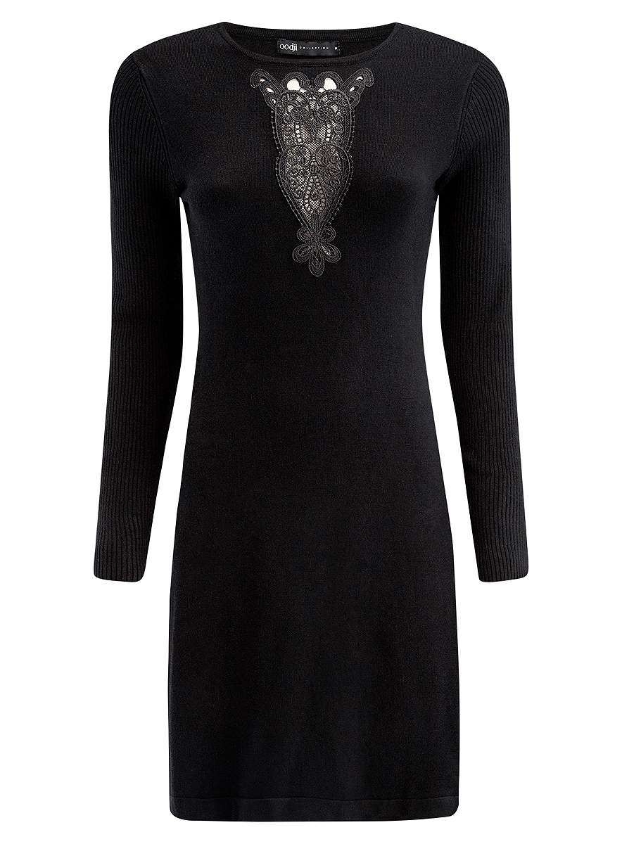Платье oodji Collection, цвет: черный. 73912220/33506/2900N. Размер XL (50)73912220/33506/2900N Платье oodji Collection, цвет: черный. 73912220/33506/2900N. Размер XL (50)73912220/33506/2900NСтильное платье oodji Collection, выполненное из вискозы с добавлением полиамида, отлично дополнит ваш гардероб. Модель-миди приталенного силуэта имеет круглый вырез горловины и длинные рукава, связанные резинкой. Грудь декорирована ажурной вставкой.