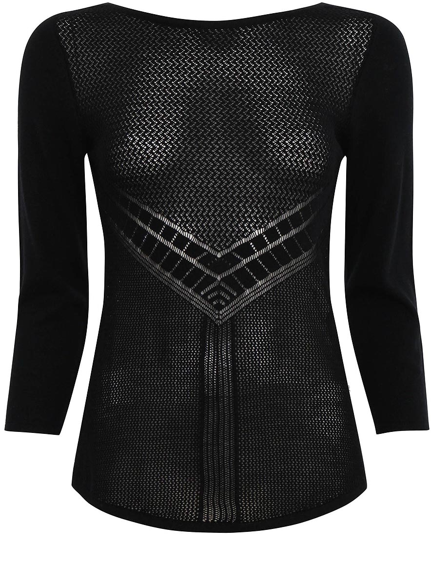 Джемпер женский oodji Collection, цвет: черный. 73812633/37201/2900N. Размер XXL (52)73812633/37201/2900N Джемпер женский oodji Collection, цвет: черный. 73812633/37201/2900N. Размер XXL (52)73812633/37201/2900NСтильный женский джемпер oodji Collection выполнен из качественного комбинированного материала.Модель с рукавами 3/4 и круглым вырезом горловины изготовлена из прозрачной сетчатой вязки с узорами.