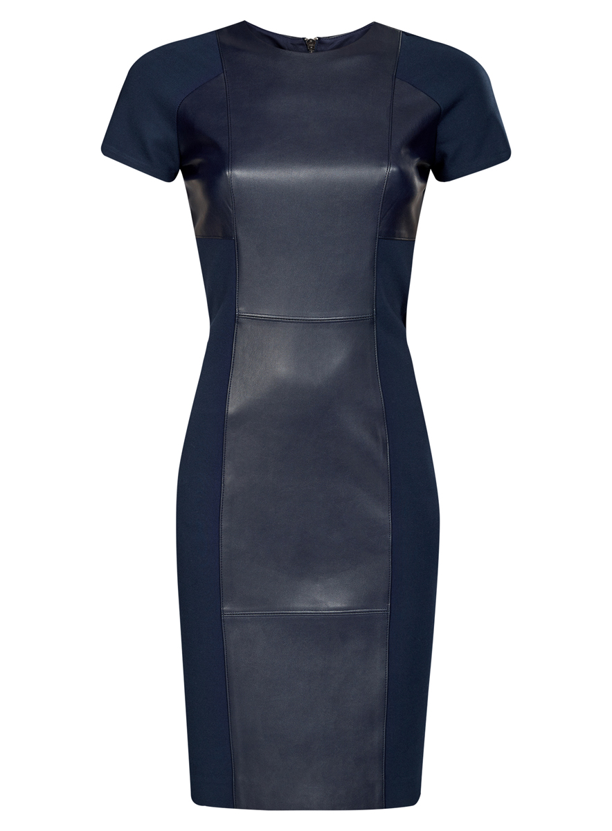 Платье oodji Collection, цвет: темно-синий. 24007023/43060/7900N. Размер XL (50)24007023/43060/7900N Платье oodji Collection, цвет: темно-синий. 24007023/43060/7900N. Размер XL (50)24007023/43060/7900NСтильное платье oodji Collection, выполненное из качественного комбинированного материала, отлично дополнит ваш гардероб. В качестве материала подкладки используется полиэстер. Модель-миди с круглым вырезом горловины и короткими цельнокроеными рукавами оформлена вставками из искусственной кожи. Платье застегивается сзади по спинке на застежку-молнию и дополнено небольшой шлицей.