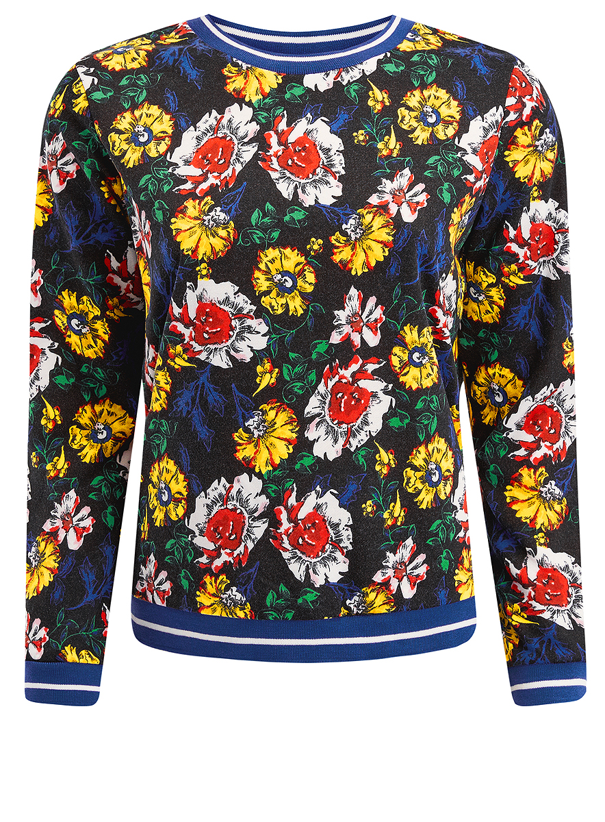 Свитшот женский oodji Collection, цвет: черный, синий, желтый. 24801012M/43039/2912F. Размер S (44)24801012M/43039/2912F Свитшот женский oodji Collection, цвет: черный, синий, желтый. 24801012M/43039/2912F. Размер S (44)24801012M/43039/2912FЖенский свитшот oodji Collection с длинными рукавами и круглым вырезом горловины имеет свободный крой. Свитшот изготовлен из полиэстера с добавлением вискозы. Вырез горловины, рукава и низ свитшота дополнены трикотажными манжетами. Изделие оформлено ярким цветочным принтом.