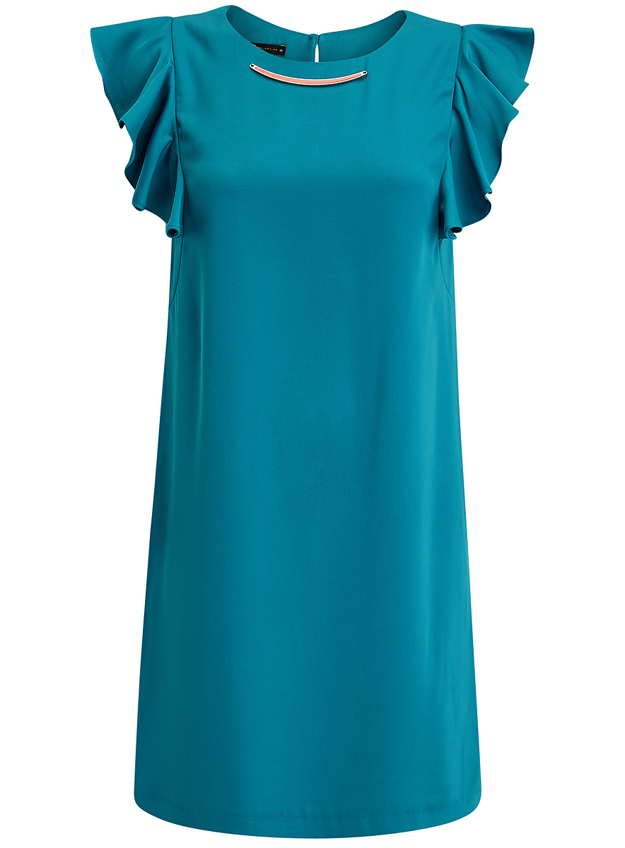 Платье oodji Collection, цвет: бирюзовый. 21909002/42720/7300N. Размер 38 (44-170)21909002/42720/7300N Платье oodji Collection, цвет: бирюзовый. 21909002/42720/7300N. Размер 38 (44-170)21909002/42720/7300NПлатье oodji Collection выполнено из эластичного полиэстера. Укороченная модель без рукавов имеет круглый вырез горловины. Платье застегивается на пуговицу на спинке. На плечах расположены вставки с крупными воланами, под горловиной платье украшено металлическим декоративным элементом.