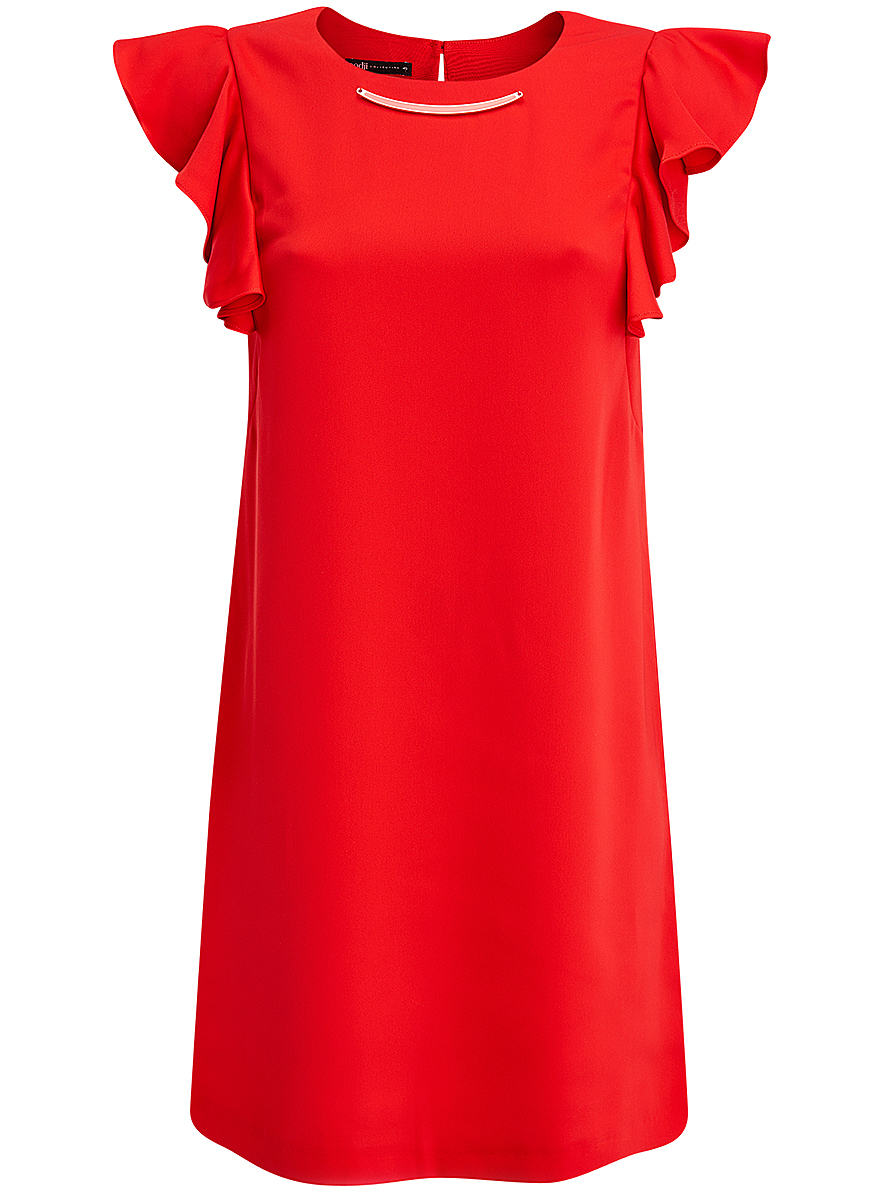Платье oodji Collection, цвет: красный. 21909002/42720/4500N. Размер 40 (46-170)21909002/42720/4500N Платье oodji Collection, цвет: красный. 21909002/42720/4500N. Размер 40 (46-170)21909002/42720/4500NПлатье oodji Collection выполнено из эластичного полиэстера. Укороченная модель без рукавов имеет круглый вырез горловины. Платье застегивается на пуговицу на спинке. На плечах расположены вставки с крупными воланами, под горловиной платье украшено металлическим декоративным элементом.