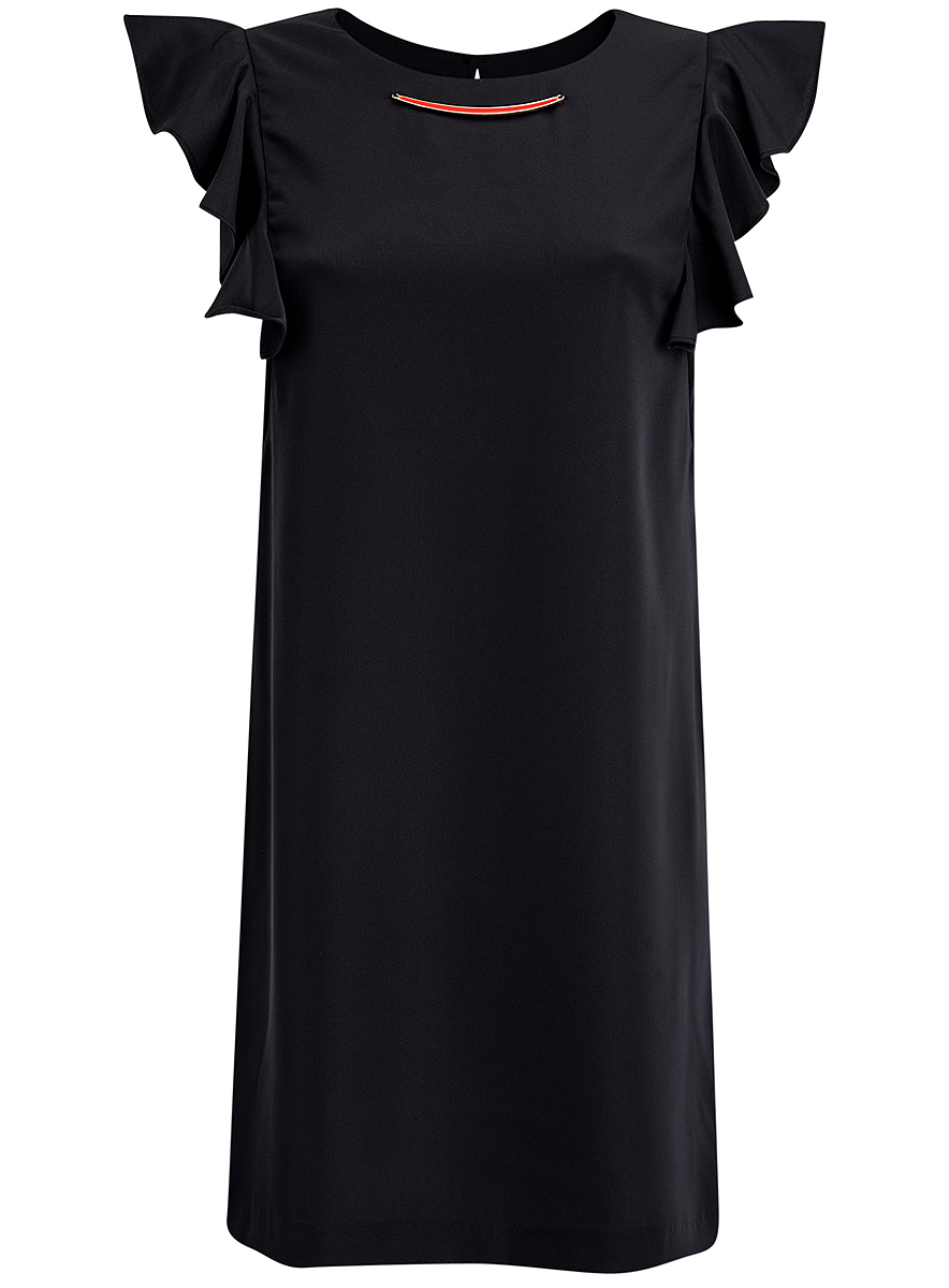 Платье oodji Collection, цвет: черный. 21909002/42720/2900N. Размер 36 (42-170)21909002/42720/2900N Платье oodji Collection, цвет: черный. 21909002/42720/2900N. Размер 36 (42-170)21909002/42720/2900NПлатье oodji Collection выполнено из эластичного полиэстера. Укороченная модель без рукавов имеет круглый вырез горловины. Платье застегивается на пуговицу на спинке. На плечах расположены вставки с крупными воланами, под горловиной платье украшено металлическим декоративным элементом.