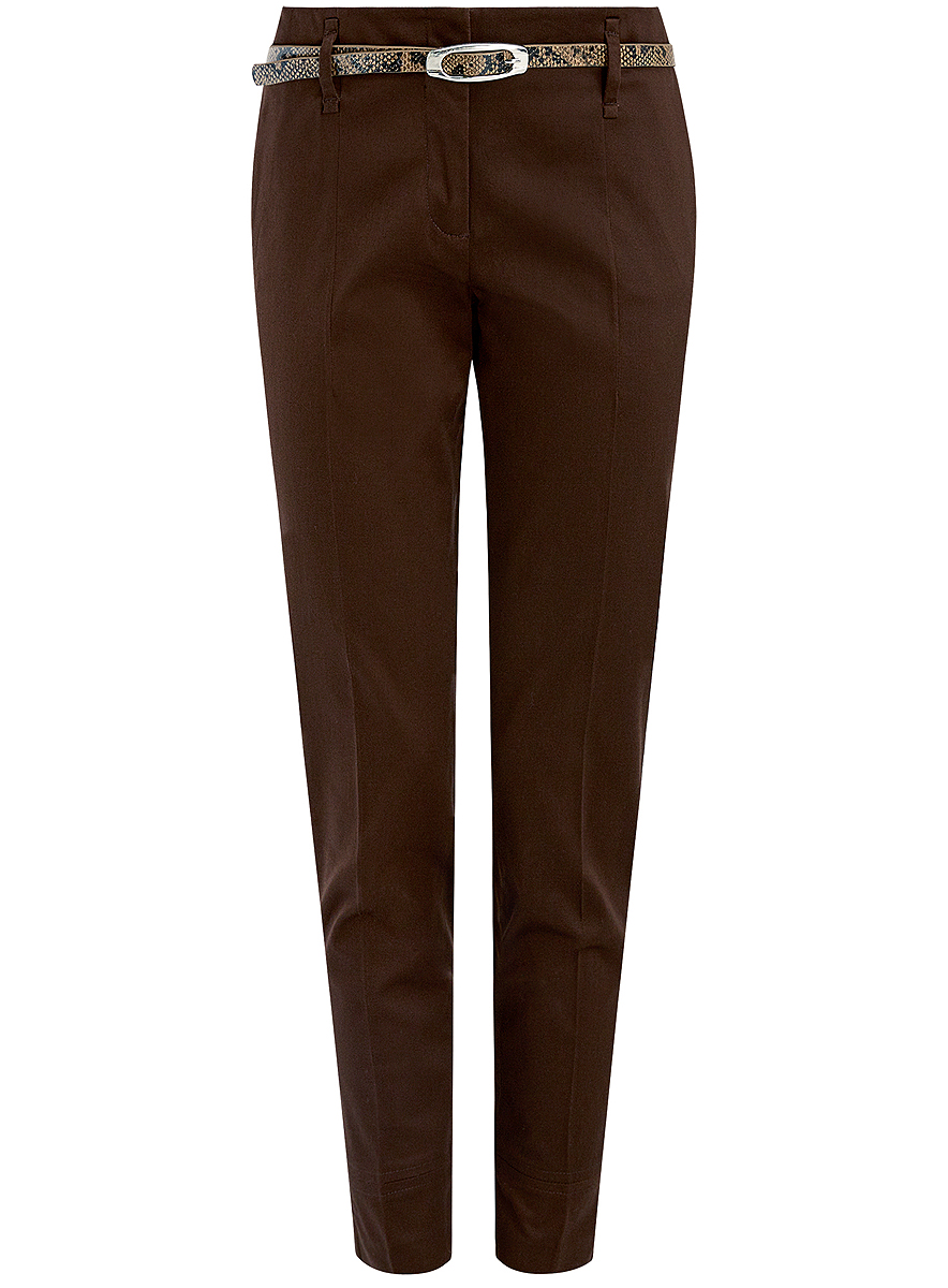 Брюки женские oodji Collection, цвет: коричневый. 21703094-3/33482/3900N. Размер 38 (44-170)21703094-3/33482/3900N Брюки женские oodji Collection, цвет: коричневый. 21703094-3/33482/3900N. Размер 38 (44-170)21703094-3/33482/3900NСтильные женские брюки oodji выполнены из хлопка с небольшим добавлением полиуретана. Модель со средней посадкой застегивается на молнию, пуговицу и застежку-крючок, имеются шлевки для ремня. По бокам изделие дополнено втачными карманами, сзади имитацией двух прорезных карманов.К брюкам прилагается ремень из искусственной кожи с металлической пряжкой.