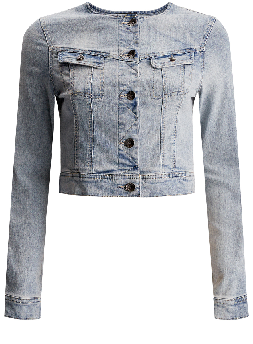 Куртка джинсовая женская oodji Denim, цвет: голубой. 11109003/35613/7000W. Размер 34 (40-170)11109003/35613/7000W Куртка джинсовая женская oodji Denim, цвет: голубой. 11109003/35613/7000W. Размер 34 (40-170)11109003/35613/7000WЖенская джинсовая куртка oodji Denim изготовлена из эластичного хлопка.Модель с круглым вырезом горловины и длинными рукавами застегивается на пуговицы по всей длине. Спереди расположены два нагрудных прорезных кармана с клапанами на пуговицах.Манжеты рукавов оснащены пуговицами.