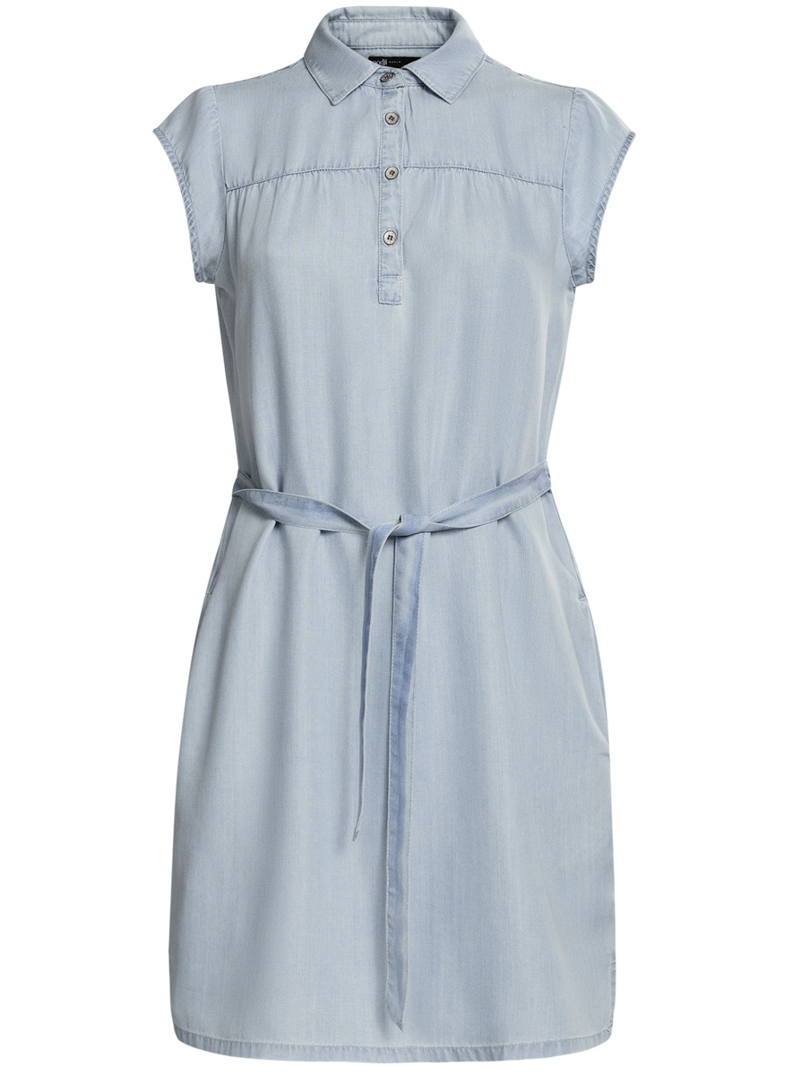 Платье oodji Denim, цвет: голубой джинса. 22909022/42579/7000W. Размер 40 (46-170)22909022/42579/7000W Платье oodji Denim, цвет: голубой джинса. 22909022/42579/7000W. Размер 40 (46-170)22909022/42579/7000WПлатье свободного кроя oodji Ultra исполнено из денима. Имеет короткий рукав, классический воротничок, два кармана по бокам от бедер. Застегивается спереди на металлические пуговицы, завязывается пояском на талии.