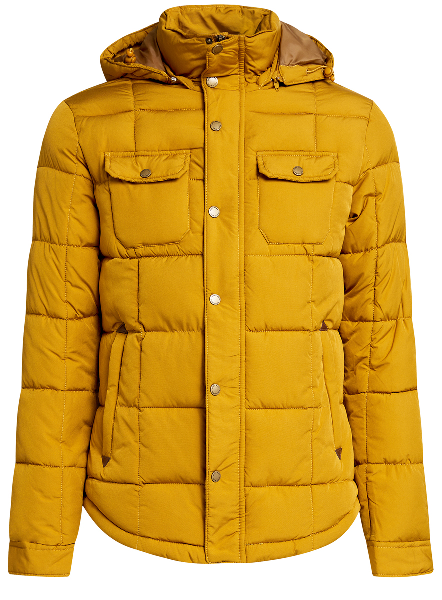 Куртка мужская oodji, цвет: горчичный. 1L112012M/39988N/5700N. Размер XL (56-182)1L112012M/39988N/5700N Куртка мужская oodji, цвет: горчичный. 1L112012M/39988N/5700N. Размер XL (56-182)1L112012M/39988N/5700NМужская куртка oodji выполнена из полиэстера с добавлением полиамида. В качестве подкладки и утеплителя используется полиэстер. Модель с воротником-стойкой и съемным капюшоном застегивается на застежку-молнию и имеет ветрозащитную планку на кнопках. Капюшон дополнен эластичным шнурком-кулиской и пристегивается к изделию за счет застежки-молнии. Низ рукавов обработан манжетами на кнопках. Спереди расположено два прорезных кармана на застежках-молниях и два накладных кармана с клапанами на кнопках, а с внутренней стороны - прорезной карман на застежке-молнии.
