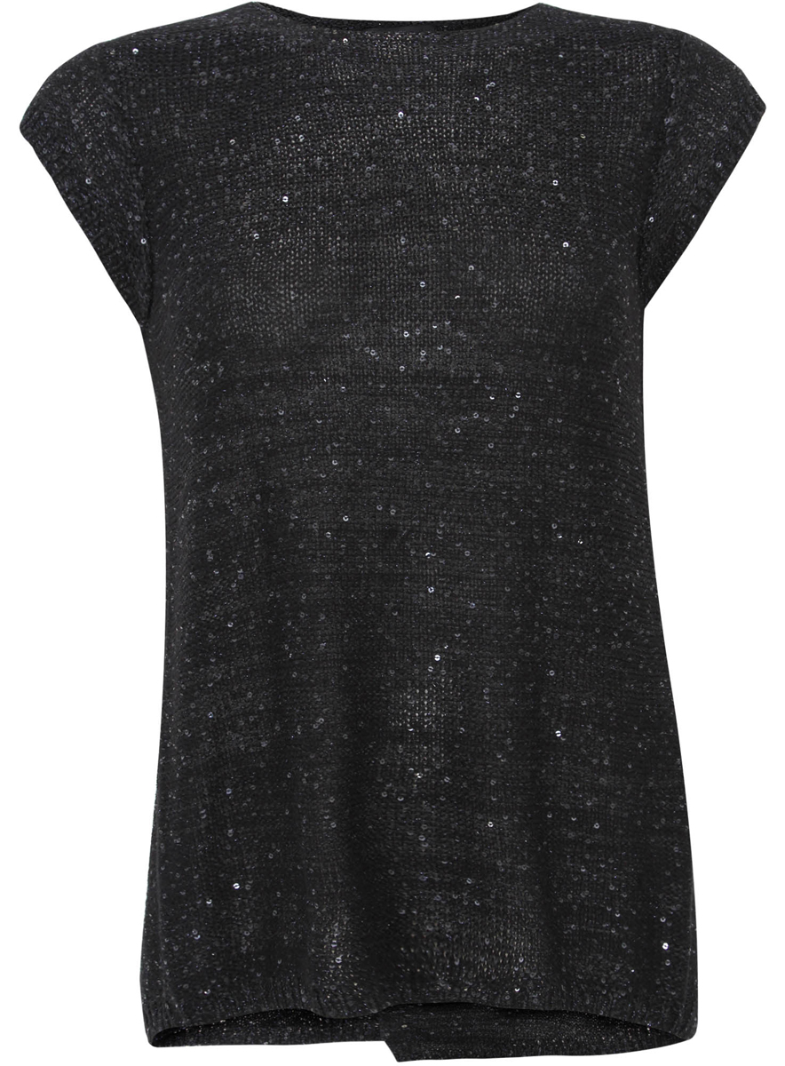 Джемпер женский oodji Collection, цвет: черный металлик. 73805286-1/45136/2900X. Размер S (44)73805286-1/45136/2900X Джемпер женский oodji Collection, цвет: черный металлик. 73805286-1/45136/2900X. Размер S (44)73805286-1/45136/2900XОригинальный женский джемпер oodji Collection изготовлен из высококачественного материала с добавлением металлизированной нити. Модель с круглым вырезом горловины и короткими рукавами отделан по всей поверхности пайетками. Спинка выполнена внахлест и удлинена.
