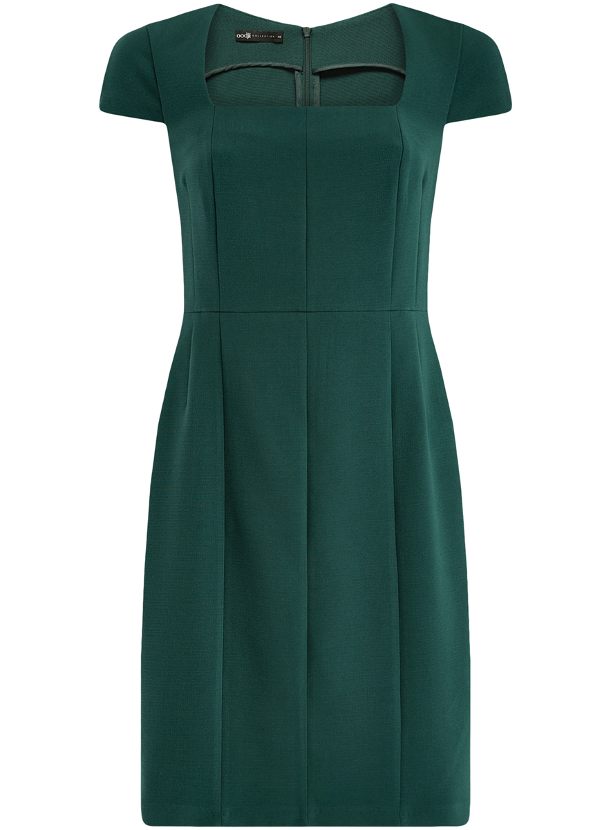 Платье oodji Collection, цвет: темно-зеленый. 21902065/31291/6900N. Размер 38 (44-170)21902065/31291/6900N Платье oodji Collection, цвет: темно-зеленый. 21902065/31291/6900N. Размер 38 (44-170)21902065/31291/6900NЖенское приталенное платье-футляр oodji имеет квадратный вырез воротника, рукава-крылышки и шлицу сзади. Застегивается на молнию на спинке. Выполнено из плотной ткани.