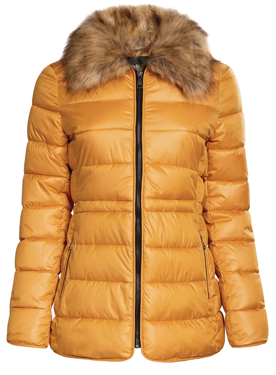 Куртка женская oodji Collection, цвет: горчичный. 20204041-1/24176/5200N. Размер 46 (52-170)20204041-1/24176/5200N Куртка женская oodji Collection, цвет: горчичный. 20204041-1/24176/5200N. Размер 46 (52-170)20204041-1/24176/5200NЖенская куртка oodji выполнена из 100% полиэстера. В качестве подкладки и утеплителя также используется полиэстер. Модель с отложным воротником застегивается на застежку-молнию. Изделие оформлено съемным, меховым воротником. Низ рукавов дополнен внутренними манжетами на резинке. Объем по талии можно регулировать за счет эластичного шнурка-кулиски со стоплерами. Спереди расположено два прорезных кармана на застежкух-молниях.