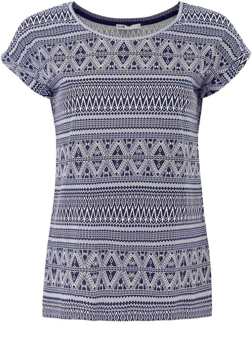 Футболка женская oodji Collection, цвет: темно-синий, белый. 24708002/42645/7910E. Размер L (48)24708002/42645/7910E Футболка женская oodji Collection, цвет: темно-синий, белый. 24708002/42645/7910E. Размер L (48)24708002/42645/7910EФутболка oodji Collection выполнена из натурального хлопка с добавлением эластана, обеспечивающего эластичность и хорошую посадку. Модель с круглым вырезом горловины и коротким цельнокроеным рукавом оформлена оригинальным принтом с геометрическими фигурами. По бокам изделие дополнено небольшими разрезами.