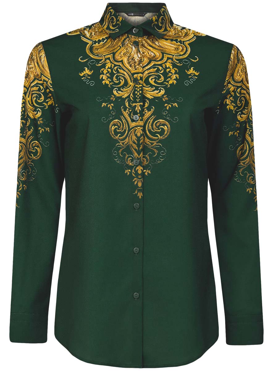 Блузка женская oodji Collection, цвет: темно-зеленый, золотистый. 21411112/46204/6994E. Размер 44 (50-170)21411112/46204/6994E Блузка женская oodji Collection, цвет: темно-зеленый, золотистый. 21411112/46204/6994E. Размер 44 (50-170)21411112/46204/6994EОригинальная женская блузка oodji Collection выполнена из качественного полиэстера. Модель прямого силуэта с отложным воротником и длинными рукавами застегивается спереди на пуговицы. Манжеты рукавов также имеют застежки-пуговицы. Оформлена блузка стильным принтом с узорами.