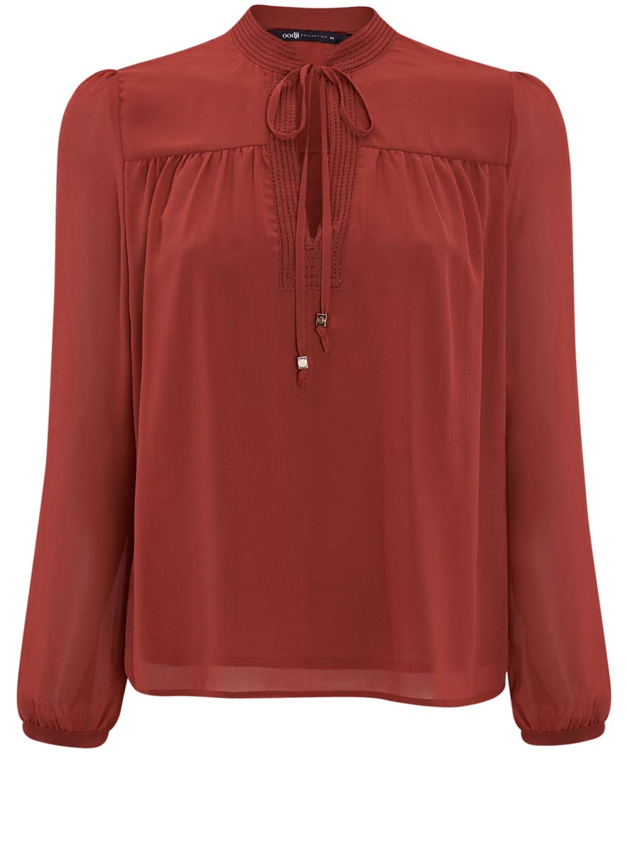 Блузка женская oodji Collection, цвет: терракотовый. 21400402/17358/3100N. Размер 38-170 (44-170)21400402/17358/3100N Блузка женская oodji Collection, цвет: терракотовый. 21400402/17358/3100N. Размер 38-170 (44-170)21400402/17358/3100NСтильная женская блузка oodji Collection выполнена из высококачественного полиэстера.Модель свободного кроя с воротником-стойкой и длинными рукавами оформлена спереди декоративным вырезом. Рукава оснащены застежками-пуговицами. Спереди воротник дополнен завязками.