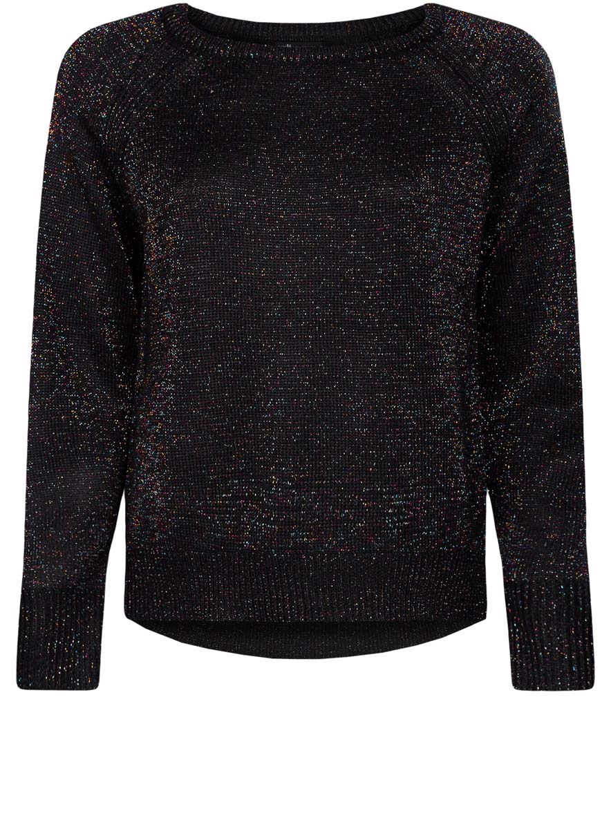 Джемпер женский oodji Collection, цвет: черный металлик. 73807287/45083/2900X. Размер XXL (52)73807287/45083/2900X Джемпер женский oodji Collection, цвет: черный металлик. 73807287/45083/2900X. Размер XXL (52)73807287/45083/2900XЖенский джемпер oodji Collection изготовлен из ПАН-волокна с добавлением полиэстера. Джемпер с круглым вырезом горловины и длинными рукавами-реглан украшен блестящей металлизированной нитью по всей поверхности. Спинка изделия удлинена. Манжеты и низ модели связаны резинкой.