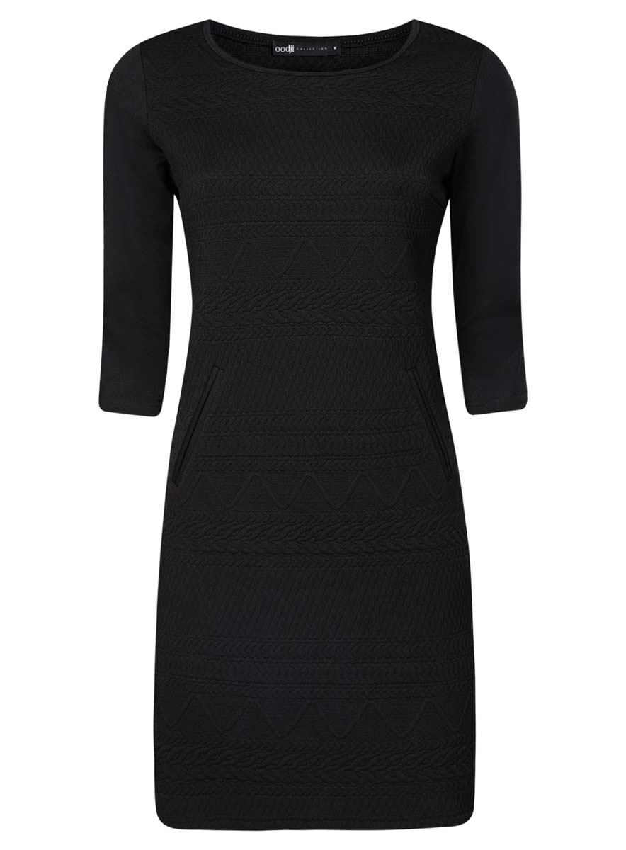 Платье oodji Collection, цвет: черный. 24001100-3/45284/2900N. Размер XL (50)24001100-3/45284/2900N Платье oodji Collection, цвет: черный. 24001100-3/45284/2900N. Размер XL (50)24001100-3/45284/2900NМодное платье oodji Collection выполнено из качественного полиэстера с добавлением эластана и вискозы. Платье-миди с круглым вырезом горловины и рукавами 3/4 оформлено фактурным принтом с узорами. Спереди изделие дополнено имитацией прорезных карманов.