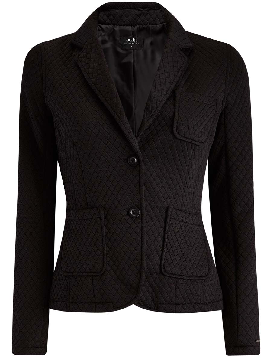 Жакет женский oodji Collection, цвет: черный. 27900041/42408/2900N. Размер XXL (52)27900041/42408/2900N Жакет женский oodji Collection, цвет: черный. 27900041/42408/2900N. Размер XXL (52)27900041/42408/2900NЖенский жакет oodji Collection выполнен из высококачественного полиэстера. Модель приталенного кроя с воротником с лацканами застегивается на две пуговицы. Спереди расположены три накладных кармана, а манжеты оформлены пуговицами. Низ спинки дополнен шлицей.