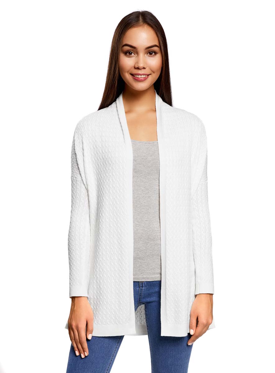 Кардиган женский oodji Collection, цвет: молочный. 73212383/46139/1200N. Размер S (44)73212383/46139/1200N Кардиган женский oodji Collection, цвет: молочный. 73212383/46139/1200N. Размер S (44)73212383/46139/1200NСтильный женский кардиган oodji Collection, выполненный из хлопка с добавлением акрила, полиамида и шерсти, подчеркнет ваш уникальный стиль и поможет создать оригинальный женственный образ.Модель с длинными рукавами оформлена оригинальным вязаным узором. Изделие не имеет застежек.