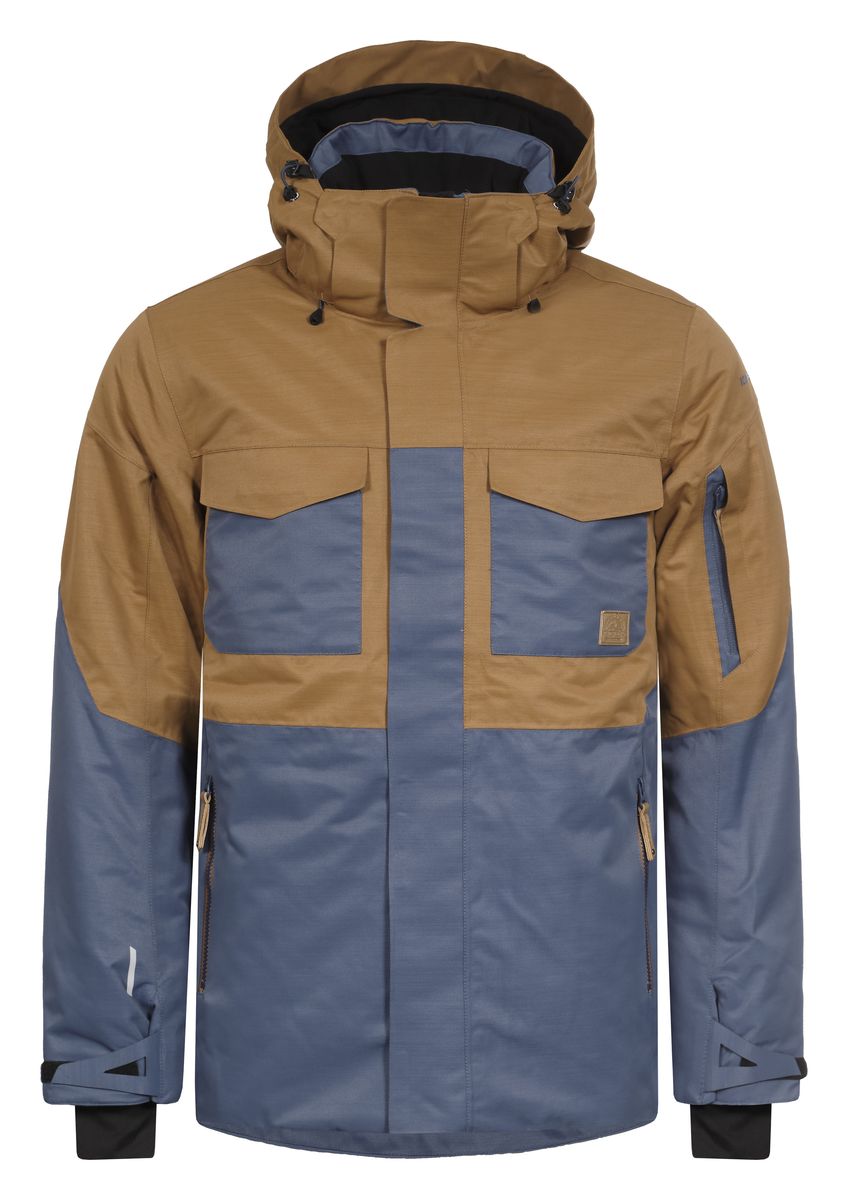 Куртка мужская Icepeak Kanye, цвет: синий, коричневый. 656229576IV. Размер 52656229576IV Куртка мужская Icepeak Kanye, цвет: синий, коричневый. 656229576IV. Размер 52656229576IVКуртка Icepeak Kanye, изготовленная из водоотталкивающей и ветрозащитной ткани, которая создает оптимальный микроклимат внутри куртки, утеплена полиэстером (100 г/м2). В качестве подкладки используется полиамид. Помимо этого здесь использовался утеплитель Super soft touch, состоящий из множества слоев тончайших волокон, которые обеспечивают отличную термоизоляцию, но не утяжеляют изделие. Куртка с воротником-стойкой и капюшоном застегивается на молнию с ветрозащитным клапаном на кнопках и липучках. Капюшон пристегивается при помощи кнопок и молнии. Рукава дополнены внутренними эластичными манжетами с прорезью для большого пальца. Также манжеты дополнены хлястиками на липучках. С внутренней стороны у модели предусмотрена снегозащитная юбка. Спереди куртка дополнена двумя врезными карманами и двумя накладными карманами с клапанами на липучках, а с внутренней стороны расположены один накладной карман из сетчатой ткани и втачной карман на молнии. На левом рукаве предусмотрен карман для ski pass, а под рукавами оформлено отверстие на змейке для дополнительной вентиляции. Низ куртки дополнен кулиской со стопперами.