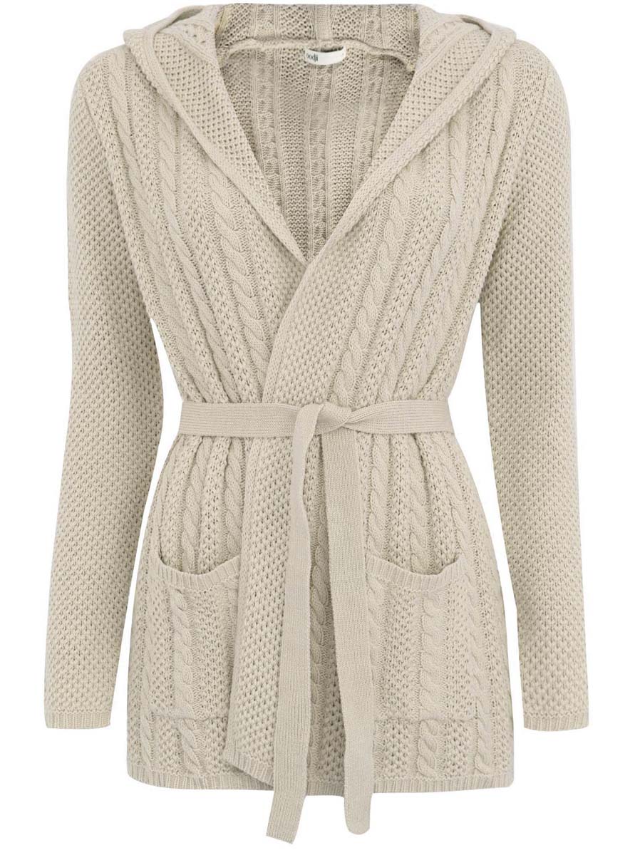 Кардиган женский oodji Collection, цвет: бежевый. 73207185-1/33491/3000N. Размер L (48)73207185-1/33491/3000N Кардиган женский oodji Collection, цвет: бежевый. 73207185-1/33491/3000N. Размер L (48)73207185-1/33491/3000NСтильный женский кардиган oodji Collection, выполненный из хлопка с добавлением акрила, подчеркнет ваш уникальный стиль и поможет создать оригинальный женственный образ.Модель с капюшоном и длинными рукавами дополнена поясом на талии. Изделие оформлено оригинальным вязаным узором. Спереди расположены два накладных кармана.