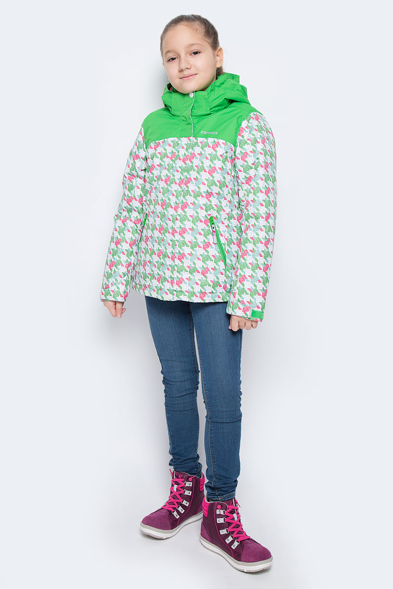 Куртка для девочки Icepeak Helga Jr, цвет: зеленый, розовый. 650028502IV. Размер 116650028502IV Куртка для девочки Icepeak Helga Jr, цвет: зеленый, розовый. 650028502IV. Размер 116650028502IVКуртка для девочки Icepeak Helga Jr выполнена из прочного текстиля с водонепроницаемой и воздухопроницаемой мембраной Icemax 5000/2000 г/м2 /24 ч, которая защищает от ветра и влаги даже в экстремальных условиях. Модель с капюшоном и воротником стойкой застегивается на молнию с защитой подбородка и дополнена ветрозащитным клапаном на липучках. Капюшон пристегивается при помощи кнопок. Манжеты рукавов регулируются по ширине за счет хлястиков с липучками. Спереди модель дополнена двумя прорезными карманами на застежках-молниях, на рукаве имеется скрытый карман на молнии, с внутренней стороны расположен один накладной карман. Куртка оснащена светоотражающими элементами.Водонепроницаемая мембрана 5000 mm.