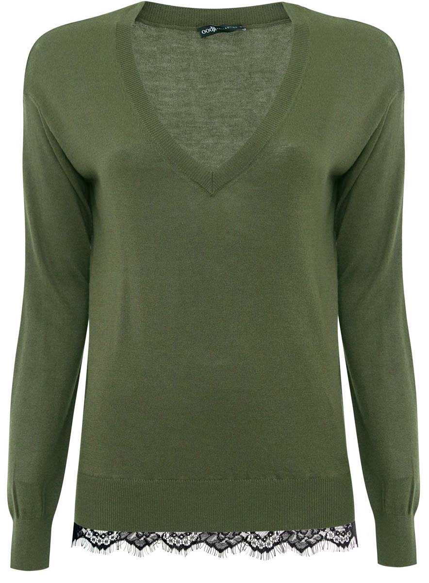 Джемпер женский oodji Collection, цвет: темный хаки. 73812567/37986/6800N. Размер XS (42)73812567/37986/6800N Джемпер женский oodji Collection, цвет: темный хаки. 73812567/37986/6800N. Размер XS (42)73812567/37986/6800NСтильный женский джемпер oodji Collection выполнен из качественного комбинированного материала.Модель с длинными рукавами и V-образным вырезом горловины выполнена в лаконичном дизайне. Манжеты, горловина и низ джемпера изготовлены из трикотажной резинки. По низу джемпер дополнен вставкой из гипюра.